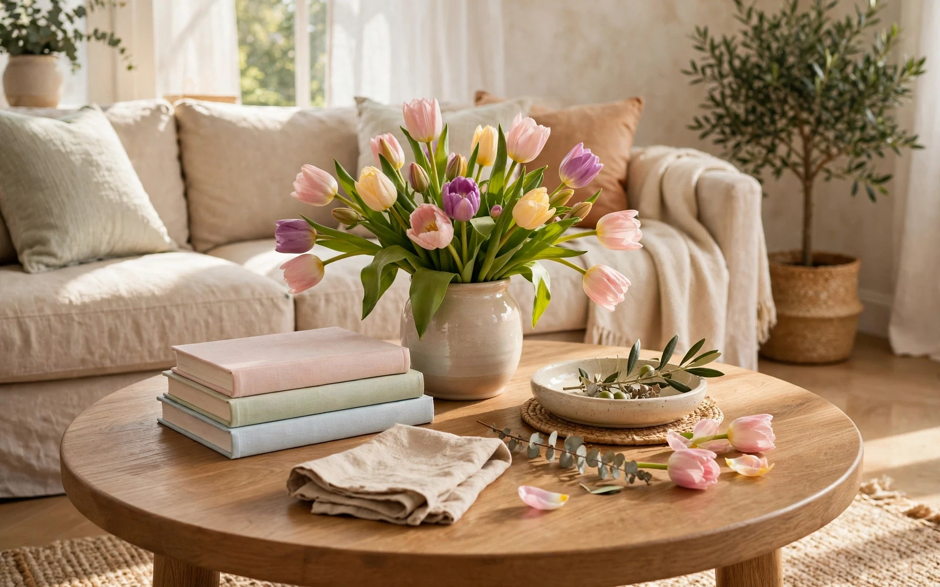 Spring coffee table styling ideas with a vase of fresh tulips, pastel books and a ceramic dish