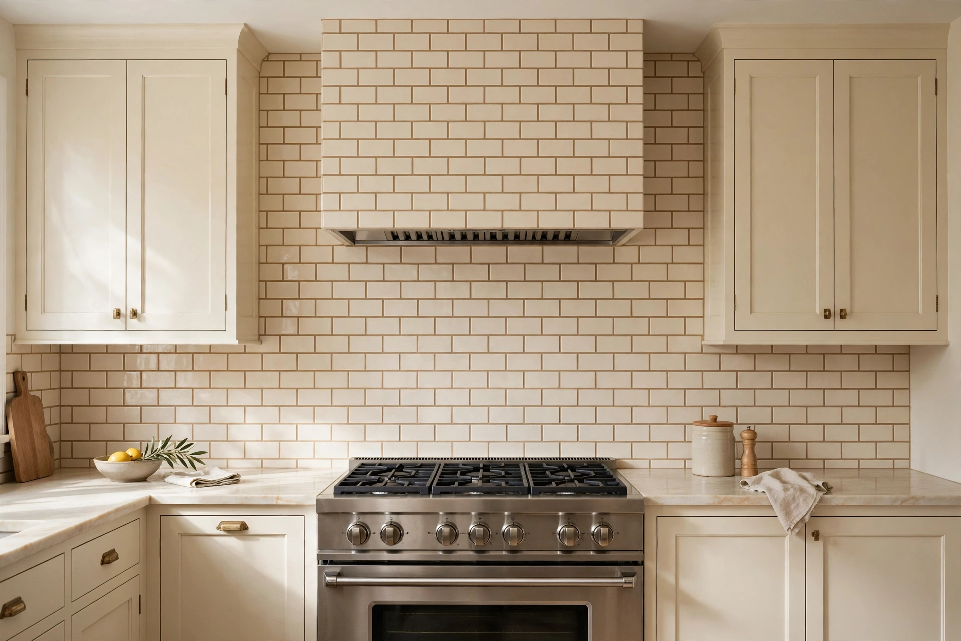 Cream kitchen ideas: cream subway tile backsplash with warm beige grout behind a range