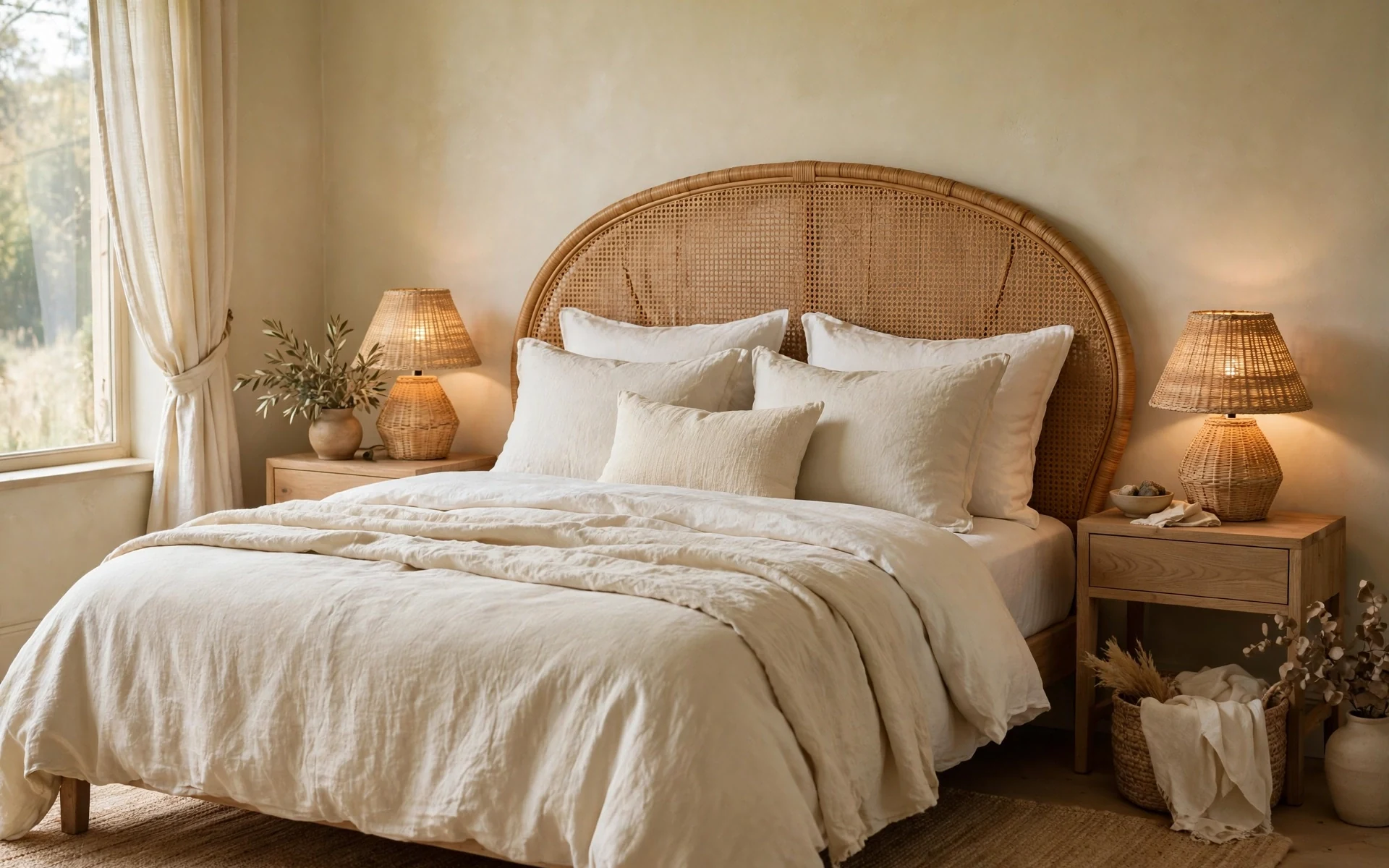 Bedroom rattan decor ideas with a curved rattan headboard and cream linen bedding