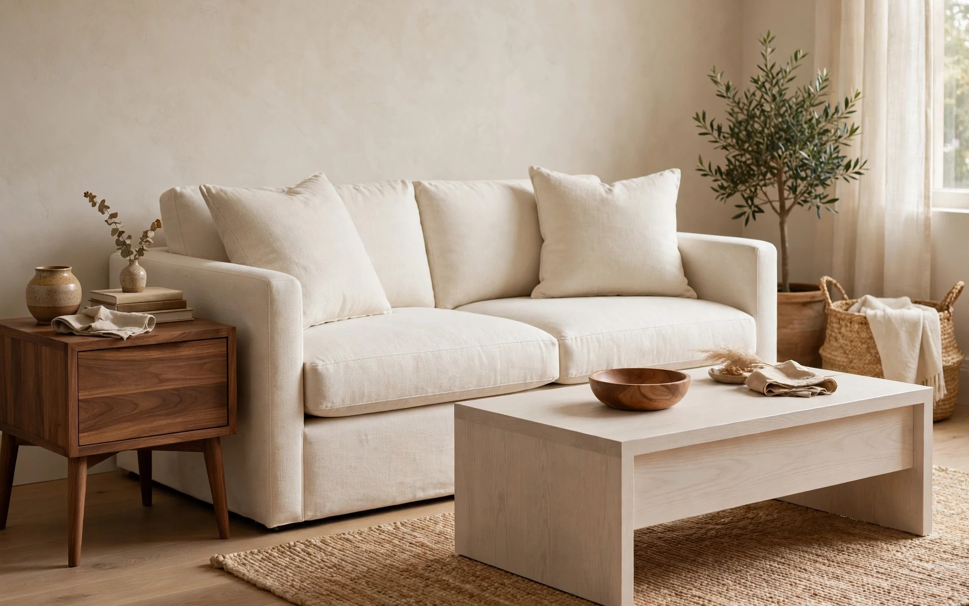 Cream sofa styling ideas paired with a warm walnut side table and oak coffee table