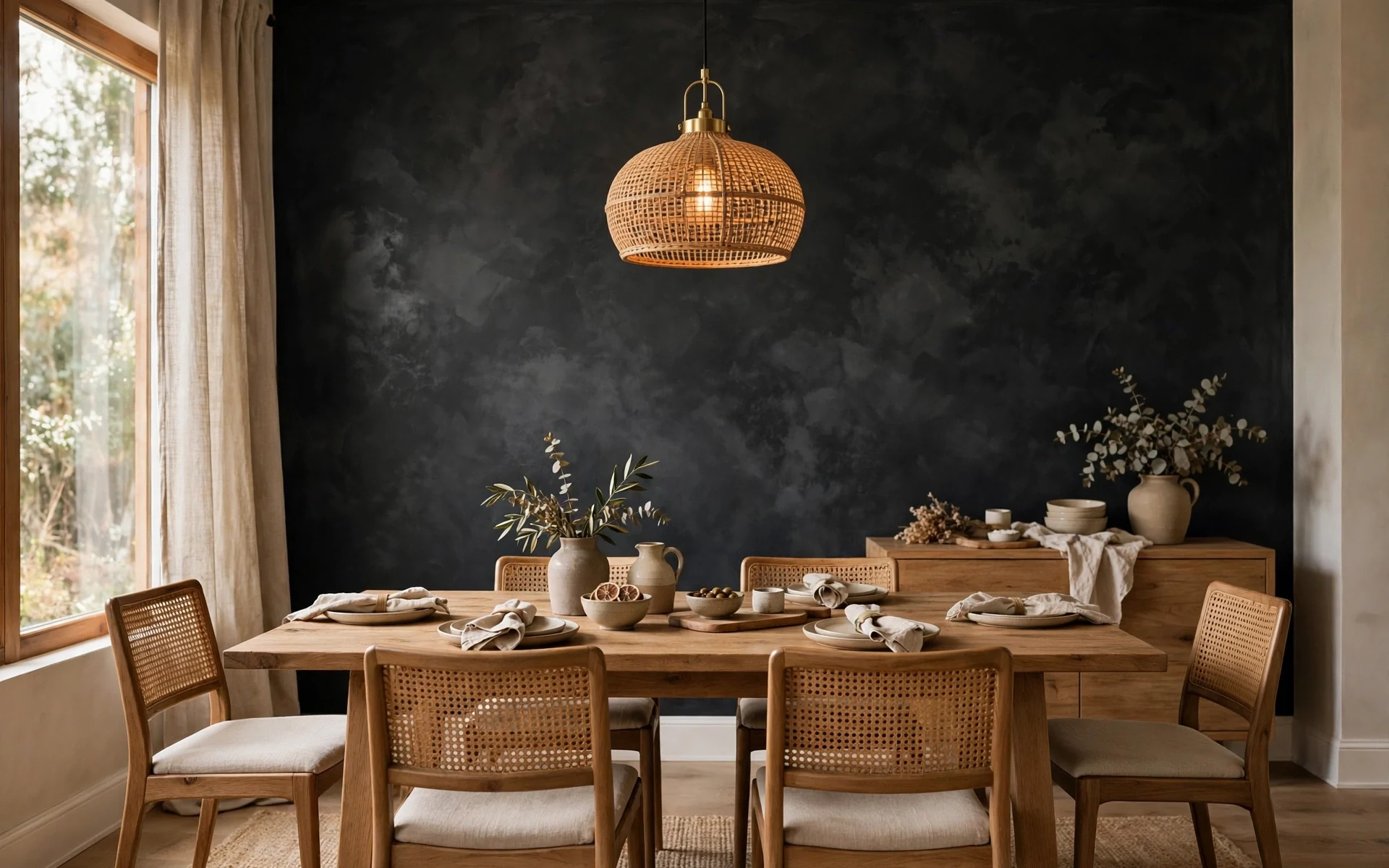Black accent wall ideas with a cloudy charcoal limewash finish in a dining room