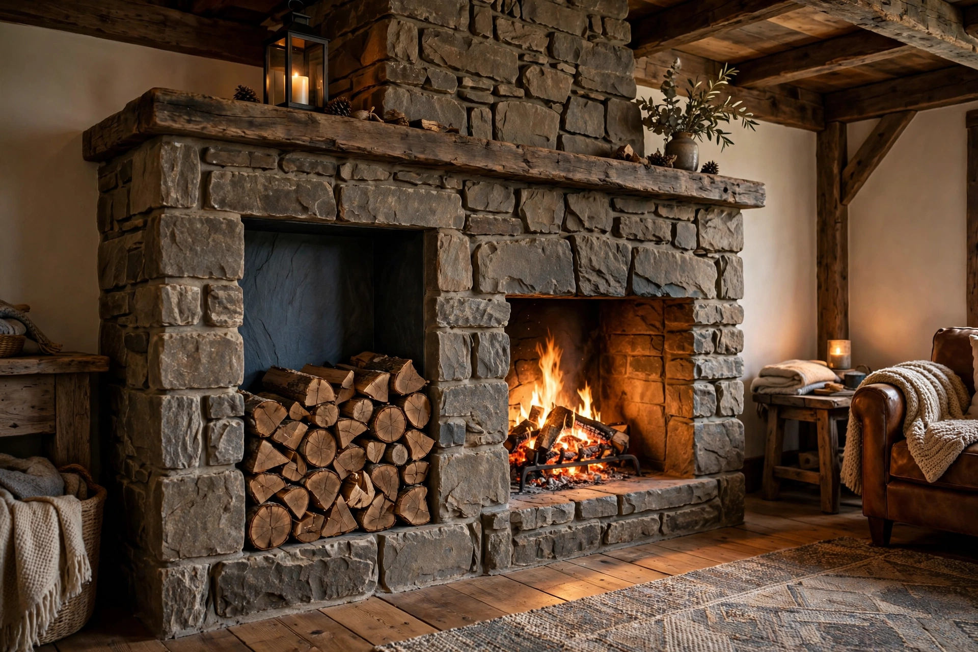 Stone fireplace ideas featuring a built-in firewood niche with neatly stacked logs beside the firebox