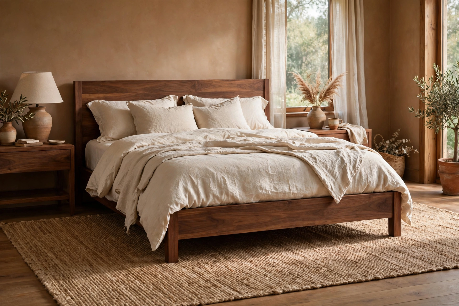 Earthy bedroom ideas: natural jute rug layered under a bed, extending on both sides