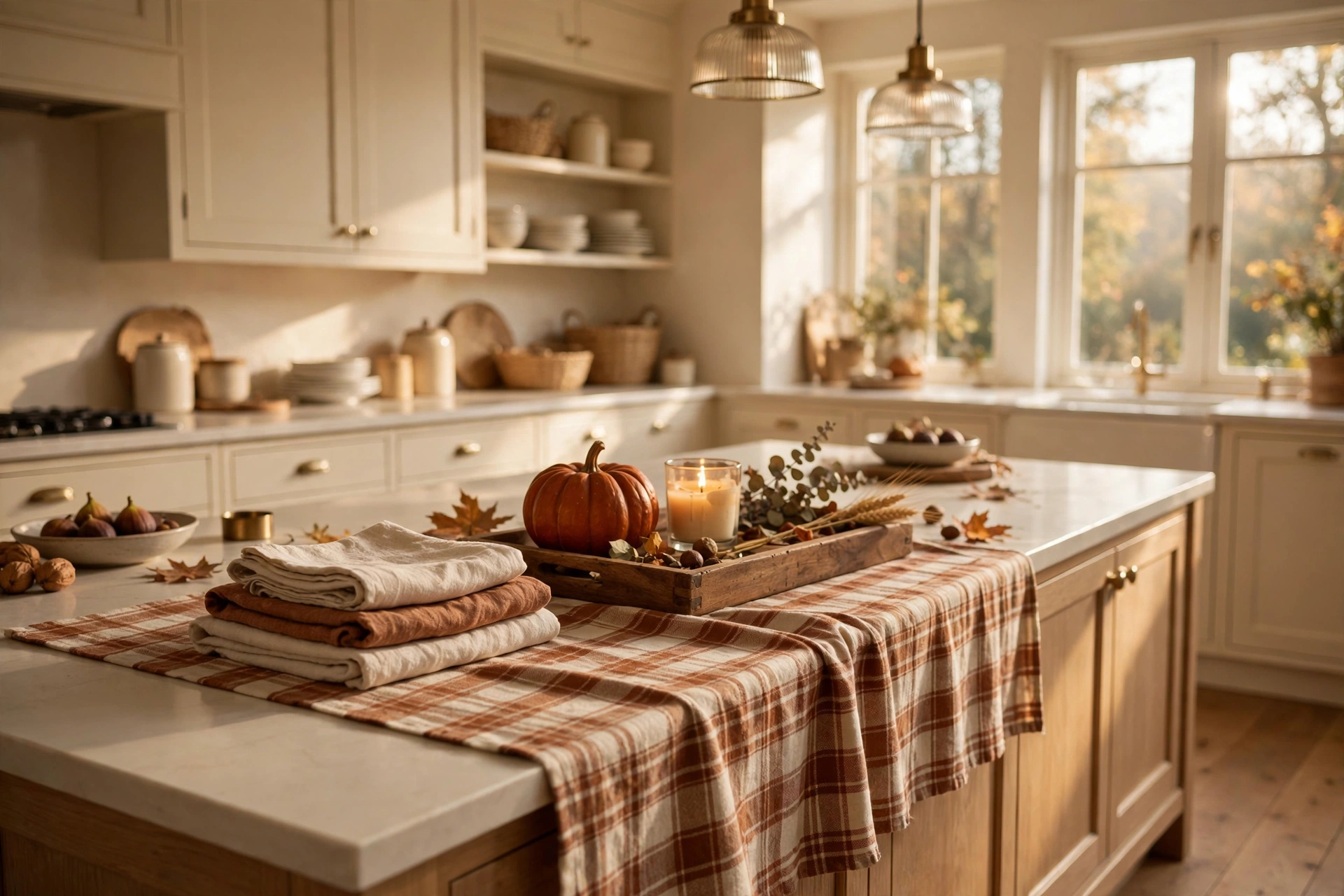 Fall kitchen decor ideas with a plaid runner and linen textiles on a kitchen island