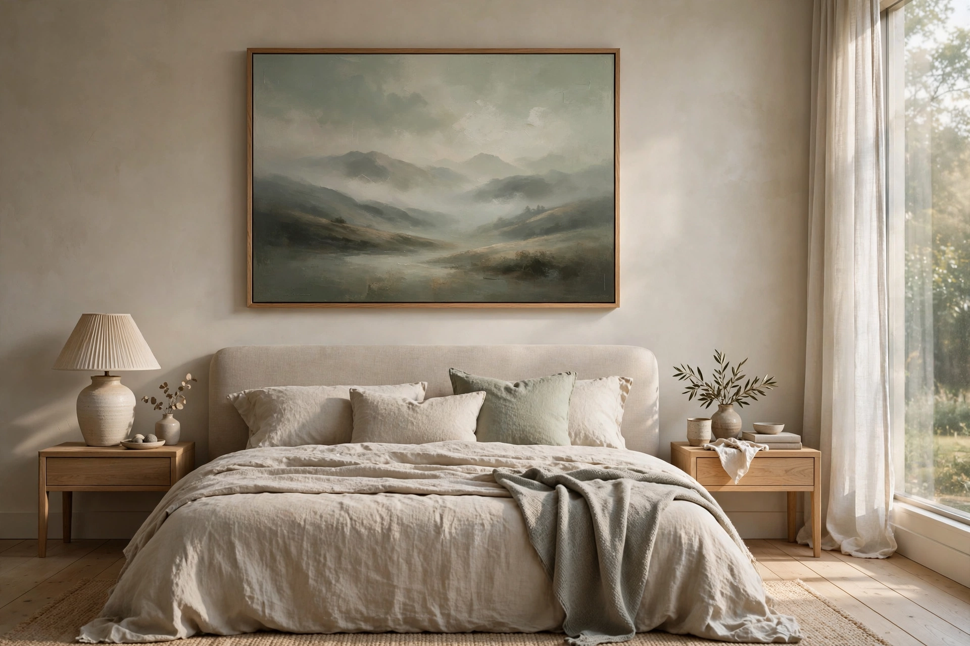 Large misty landscape painting above a bed — oversized wall art ideas for a calm bedroom
