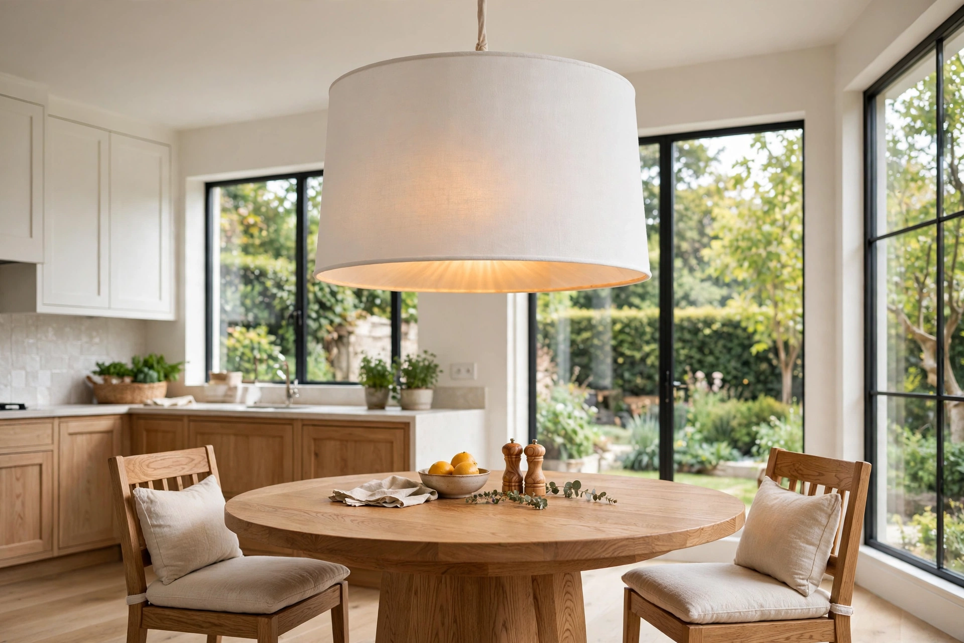 Kitchen pendant lighting ideas: single oversized white drum pendant over a round kitchen dining table