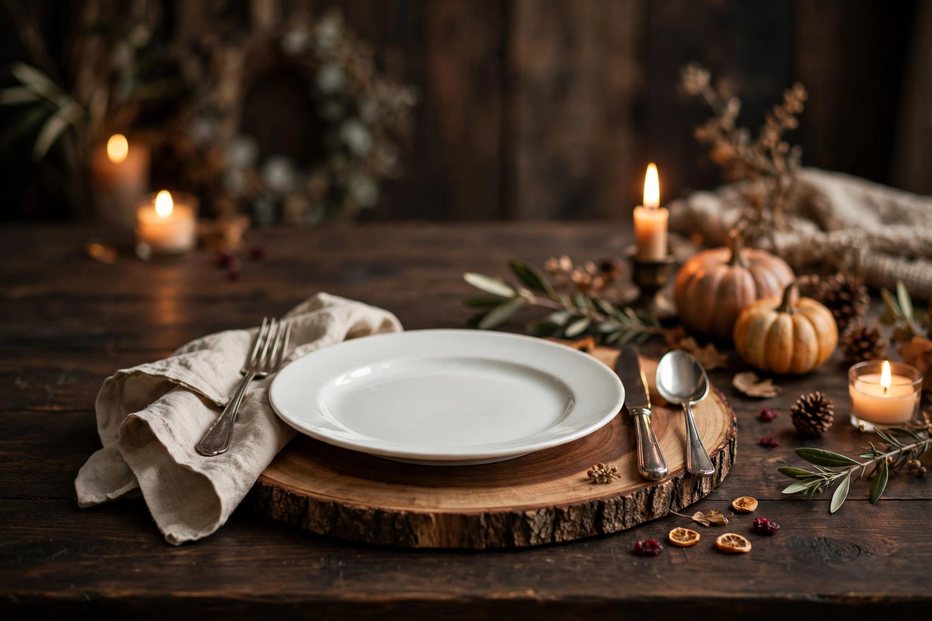 Rustic thanksgiving table decor ideas with wood-slice chargers and white plates