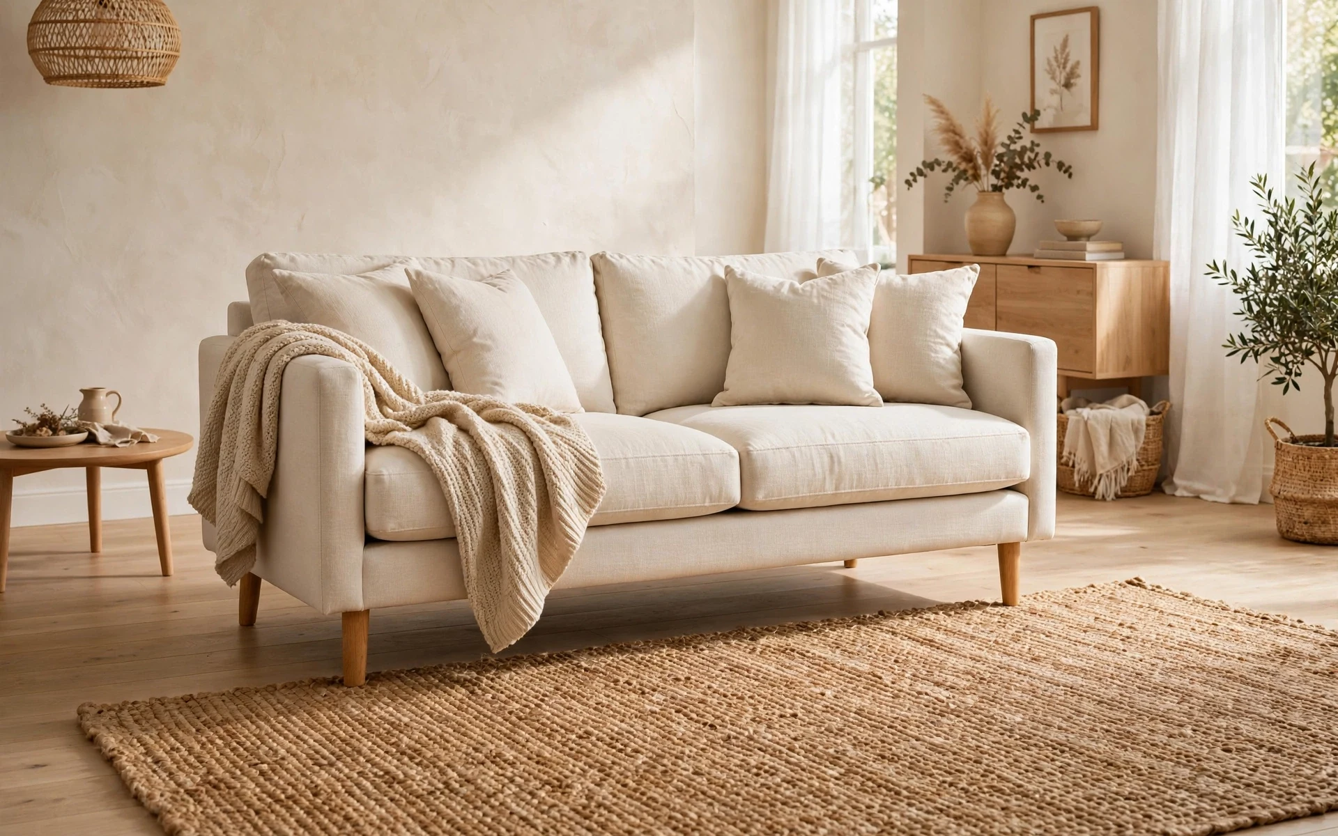 Cream sofa styling ideas grounded by a textured jute rug under the front legs