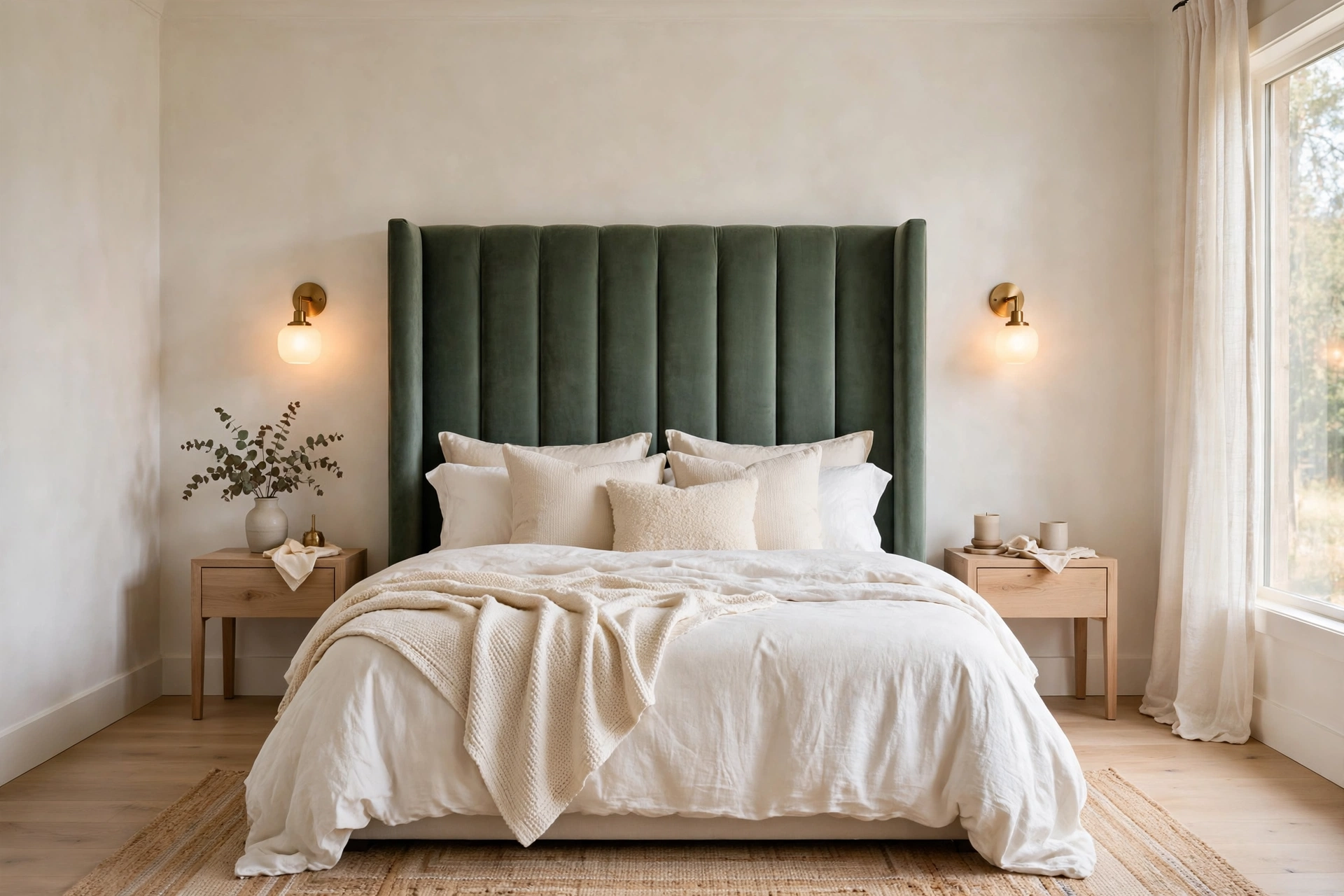 Sage green bedroom ideas with a sage velvet upholstered headboard
