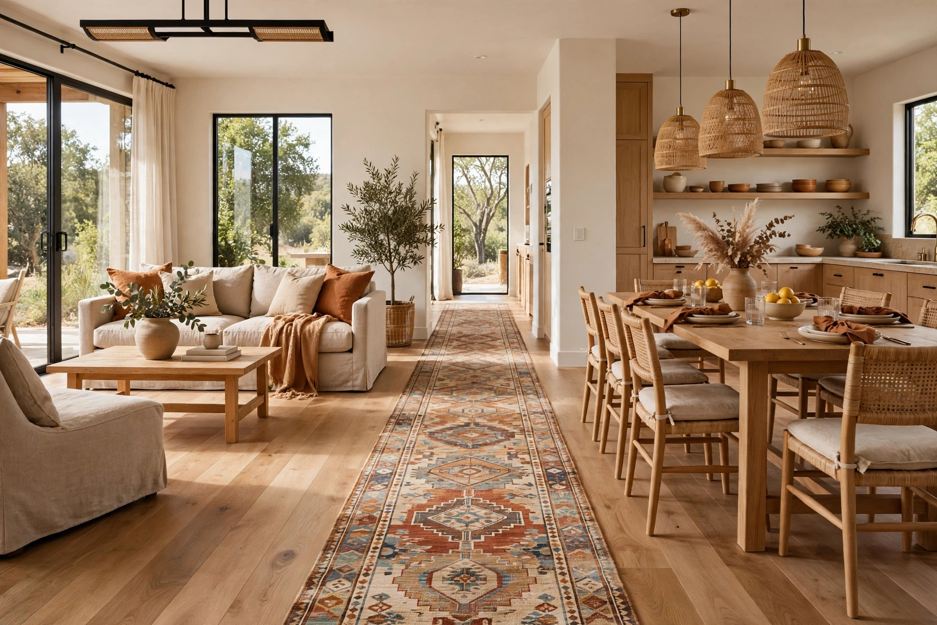 Area rug open floor plan ideas: long runner bridging the walkway between a living zone and a dining zone in an open layout