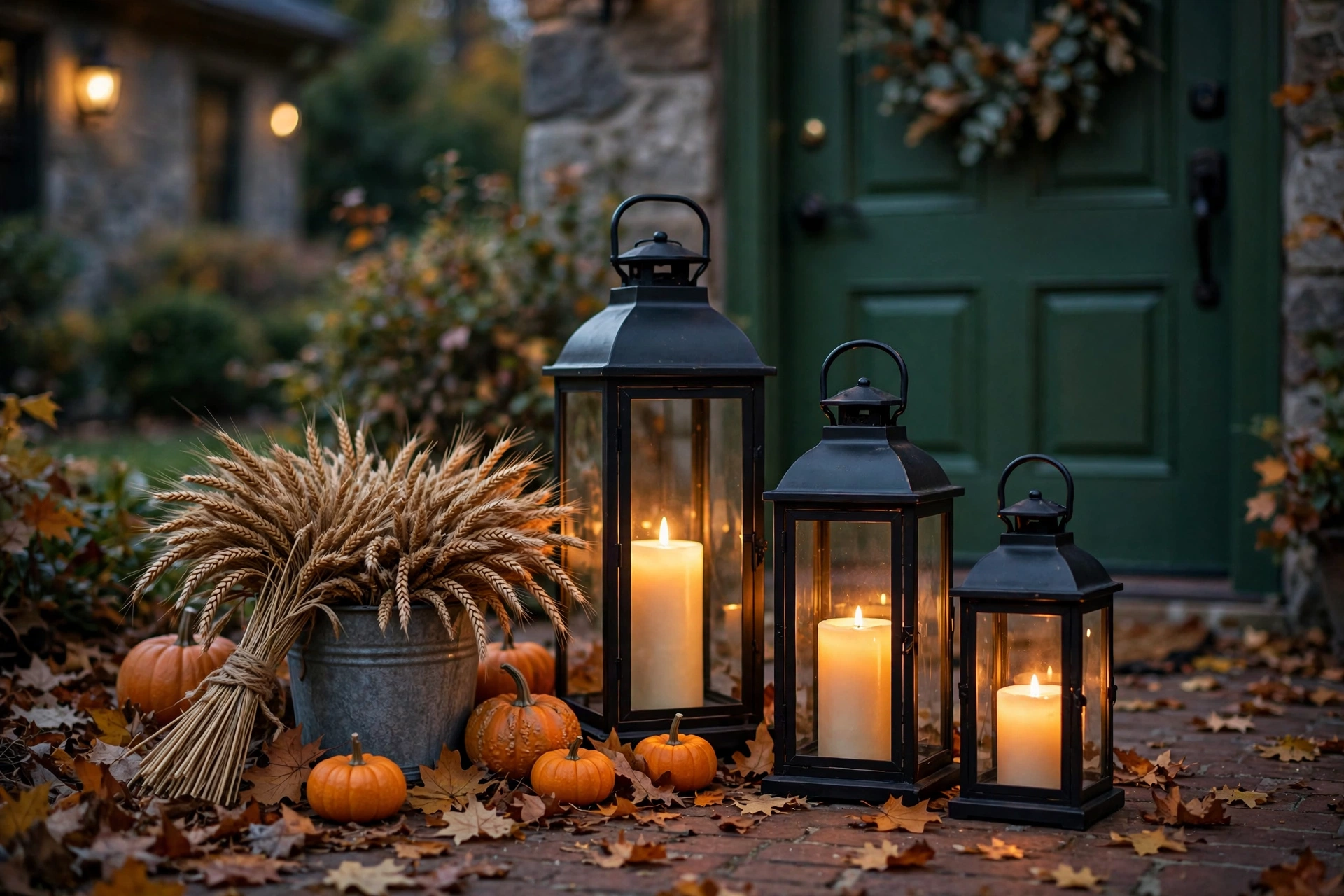 Fall front door decor ideas with clustered black lanterns glowing warmly beside the door at dusk