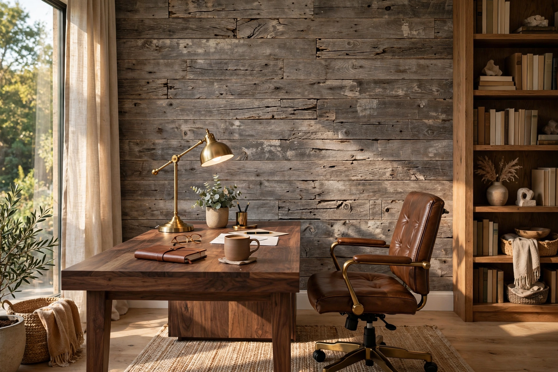 textured wallpaper ideas: home office with reclaimed wood plank-look textured wallpaper showing weathered grain and knots behind a walnut desk