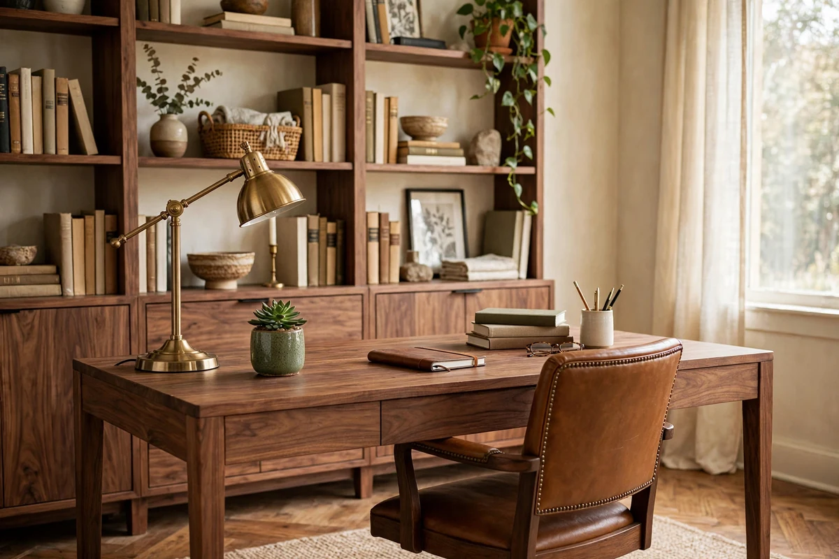 Caramel leather decor ideas: home office with a caramel leather desk chair and walnut desk
