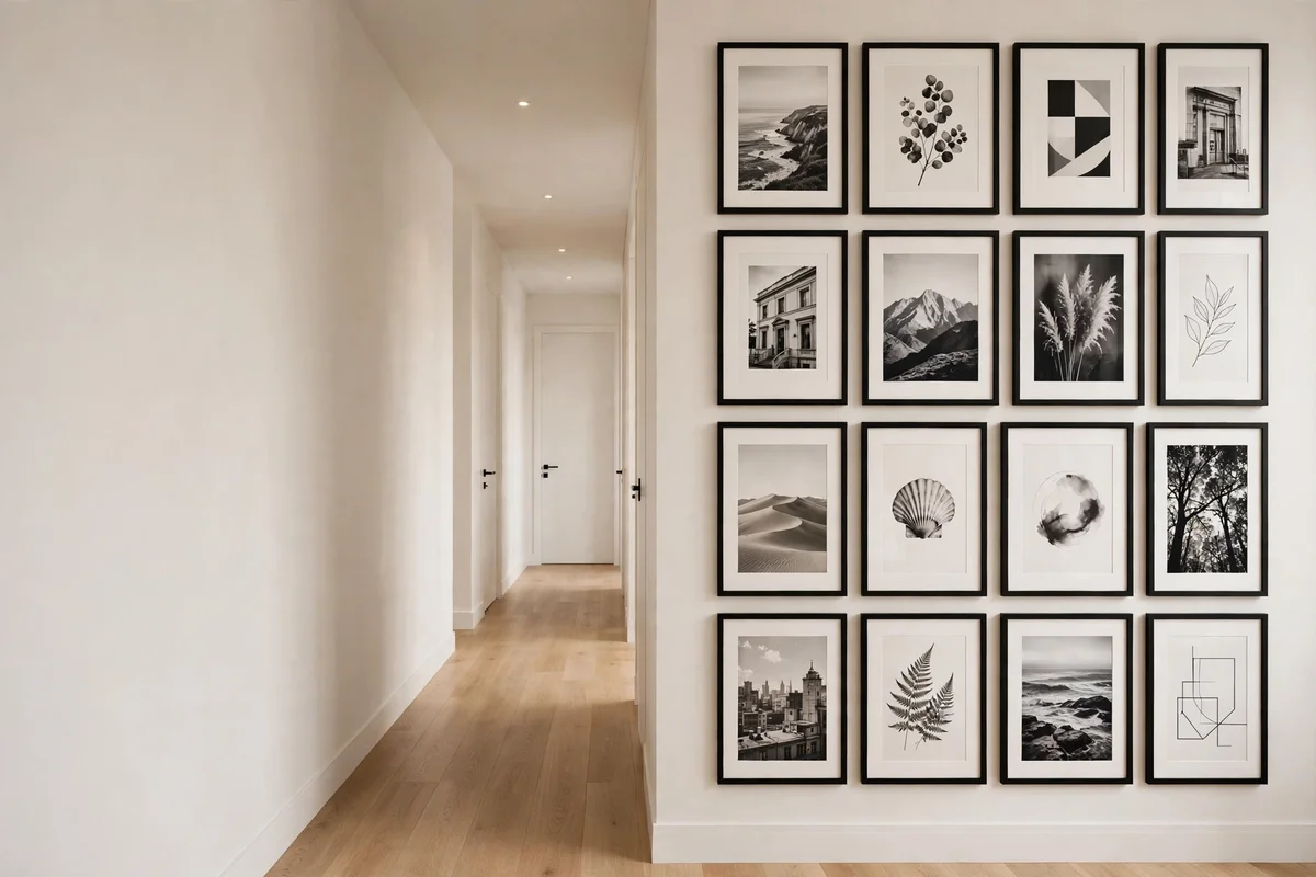 Narrow hallway decorating ideas: single-row gallery wall of matching black frames at eye level in a narrow hallway