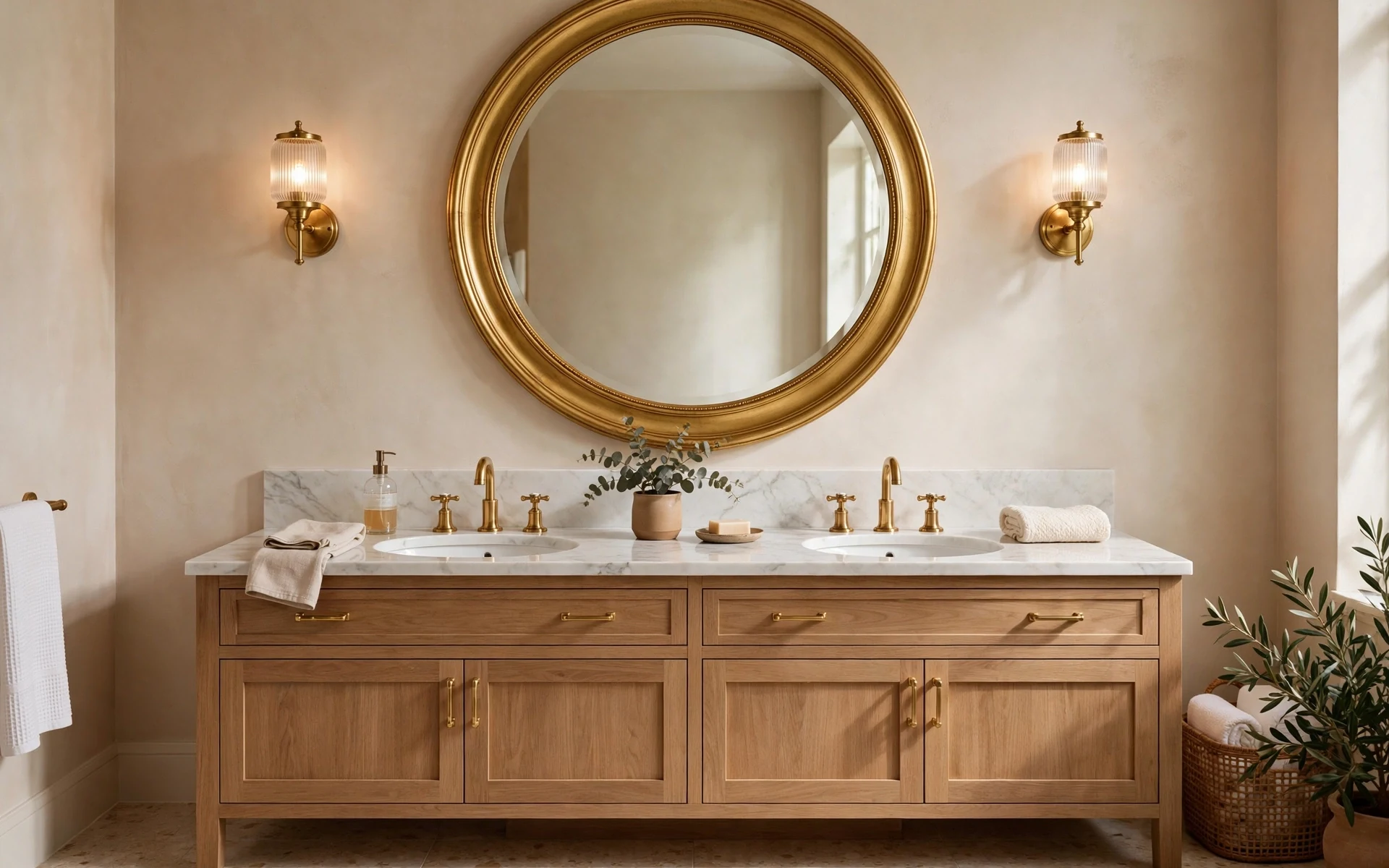 Gold-framed round mirror gold bathroom fixtures ideas above a double vanity