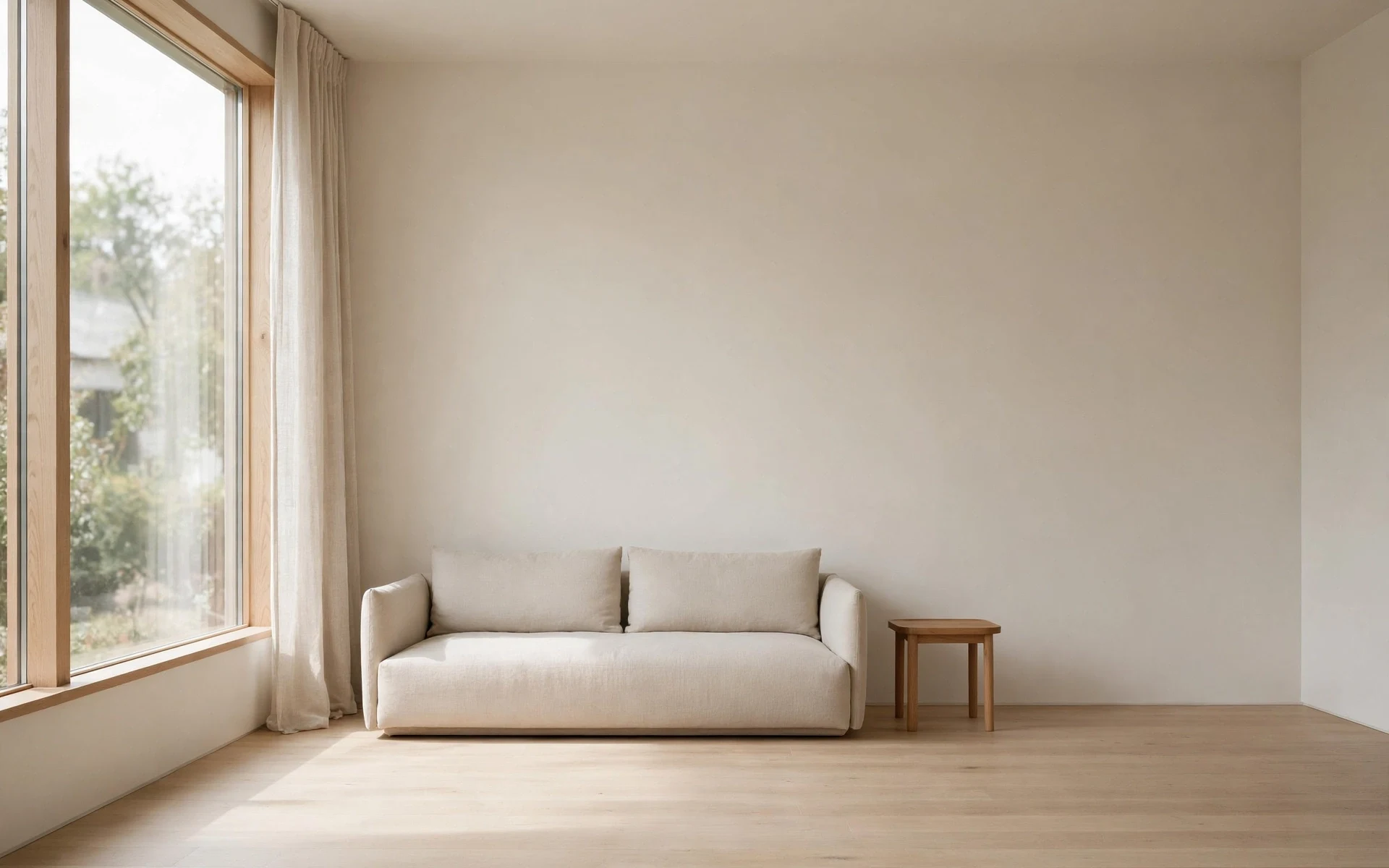 Uncluttered japandi living room ideas with generous empty space one low sofa and a wooden side table