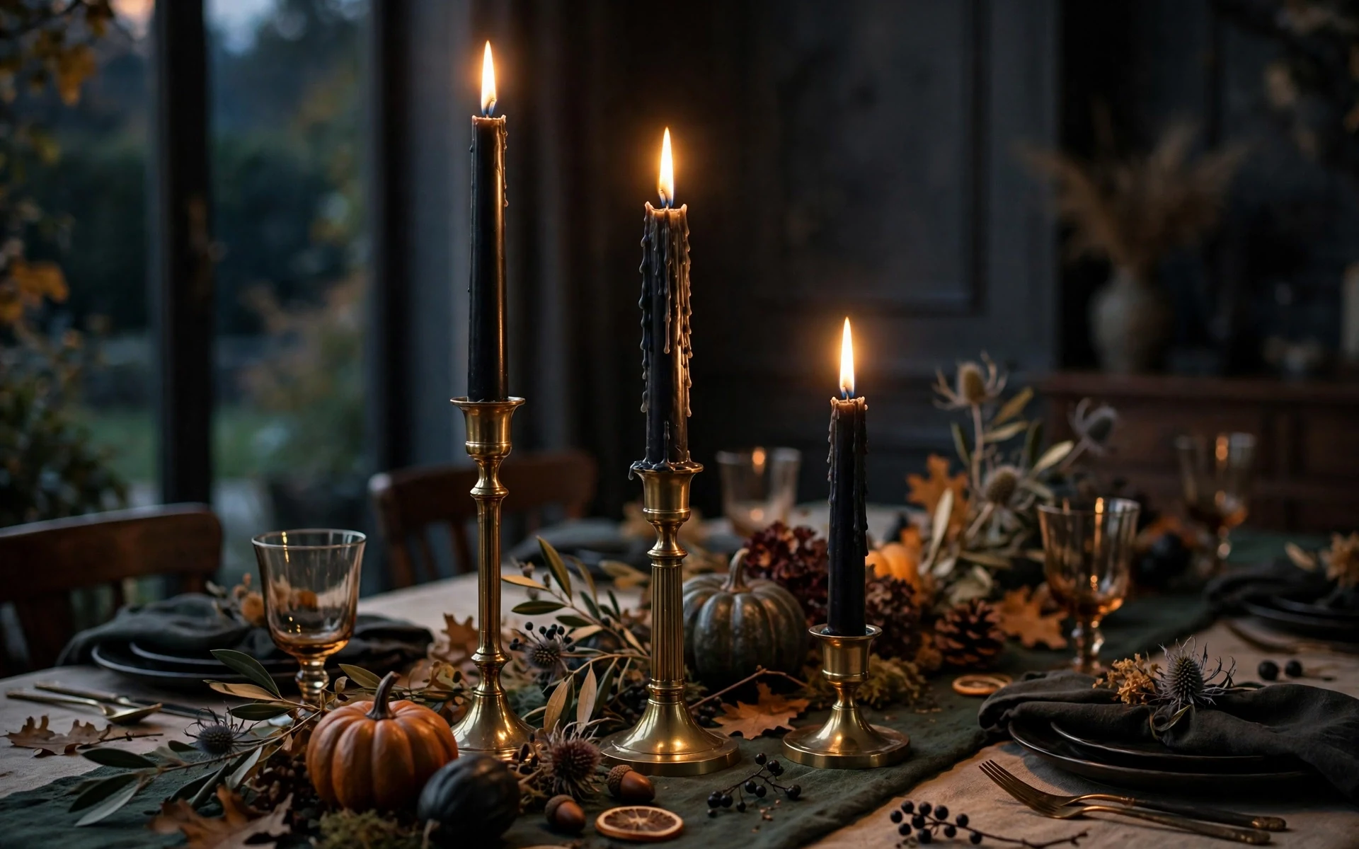 Black taper candles in brass holders halloween table setting ideas at dusk