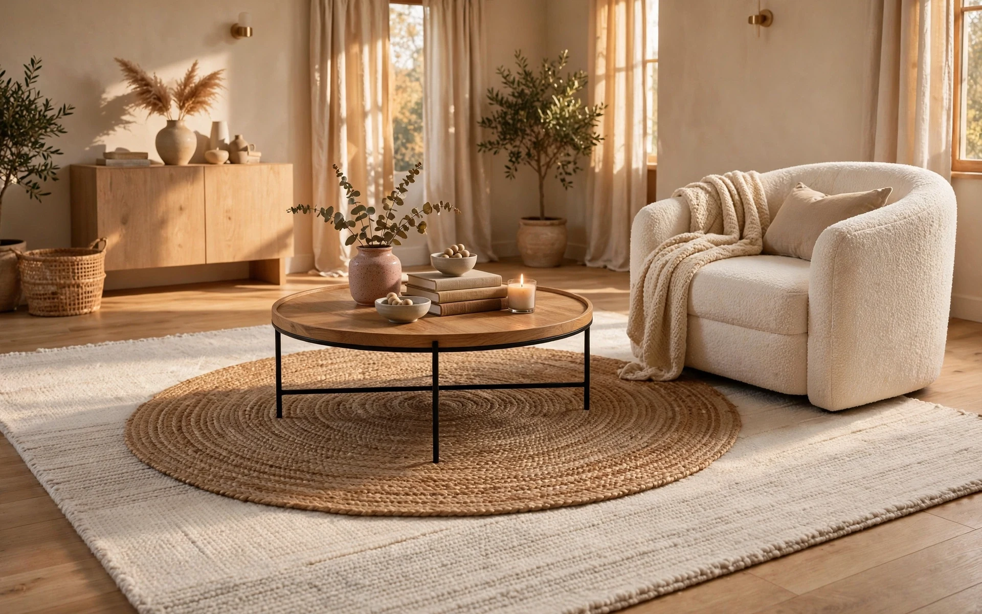 Round rug layering ideas with a round woven rug centered over a rectangular cream base rug
