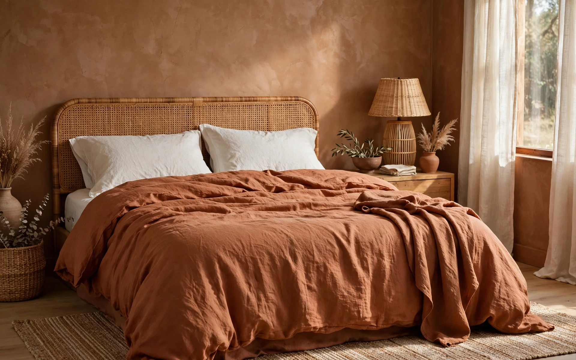 Terracotta linen bedding ideas with clay-colored linen duvet and white pillowcases in a warm bedroom