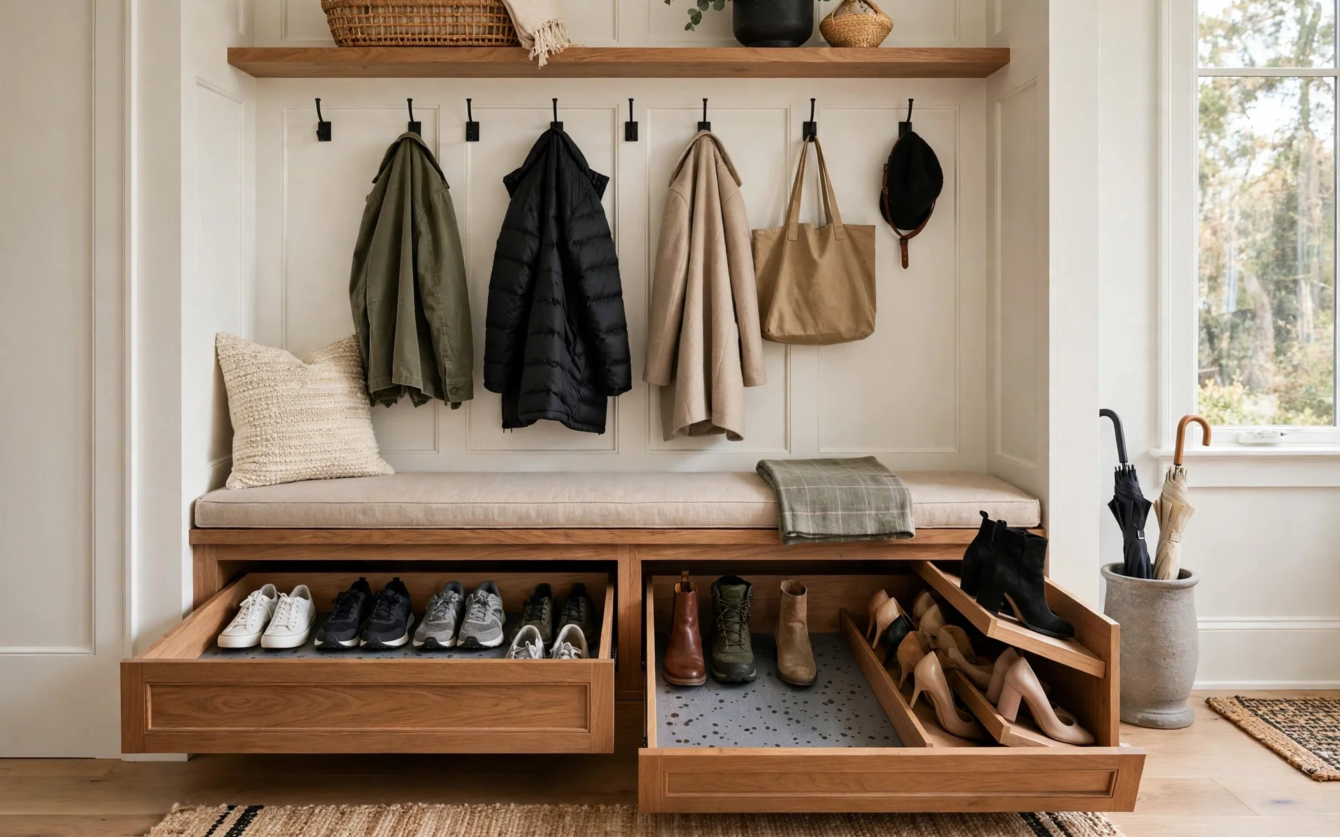 Pull-out shoe drawers under a mudroom bench keeping pairs hidden but handy, clever mudroom ideas