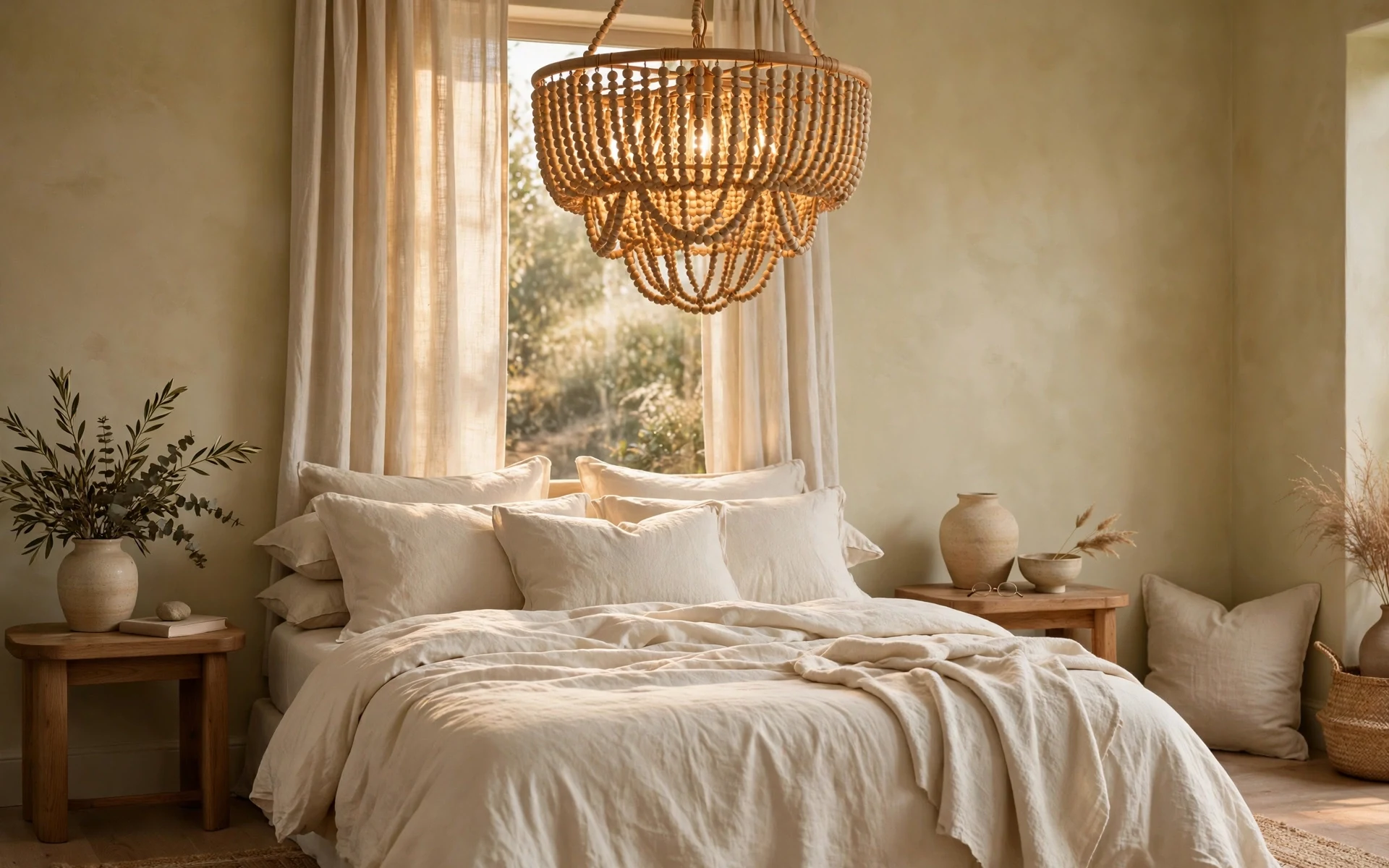 Rattan beaded chandelier statement lighting ideas glowing above a bed with cream linen bedding