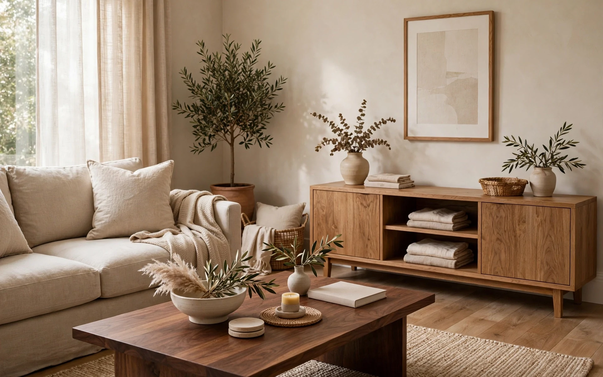 Warm wood coffee table and oak console adding contrast to beige living room ideas
