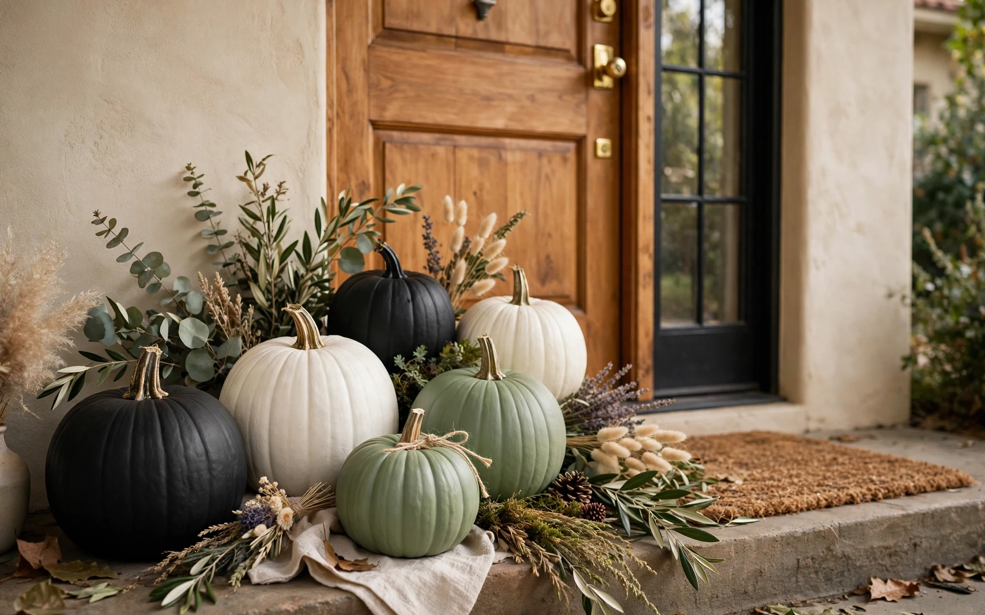 No-carve painted pumpkins in black, white and sage as diy halloween decor ideas by a front door