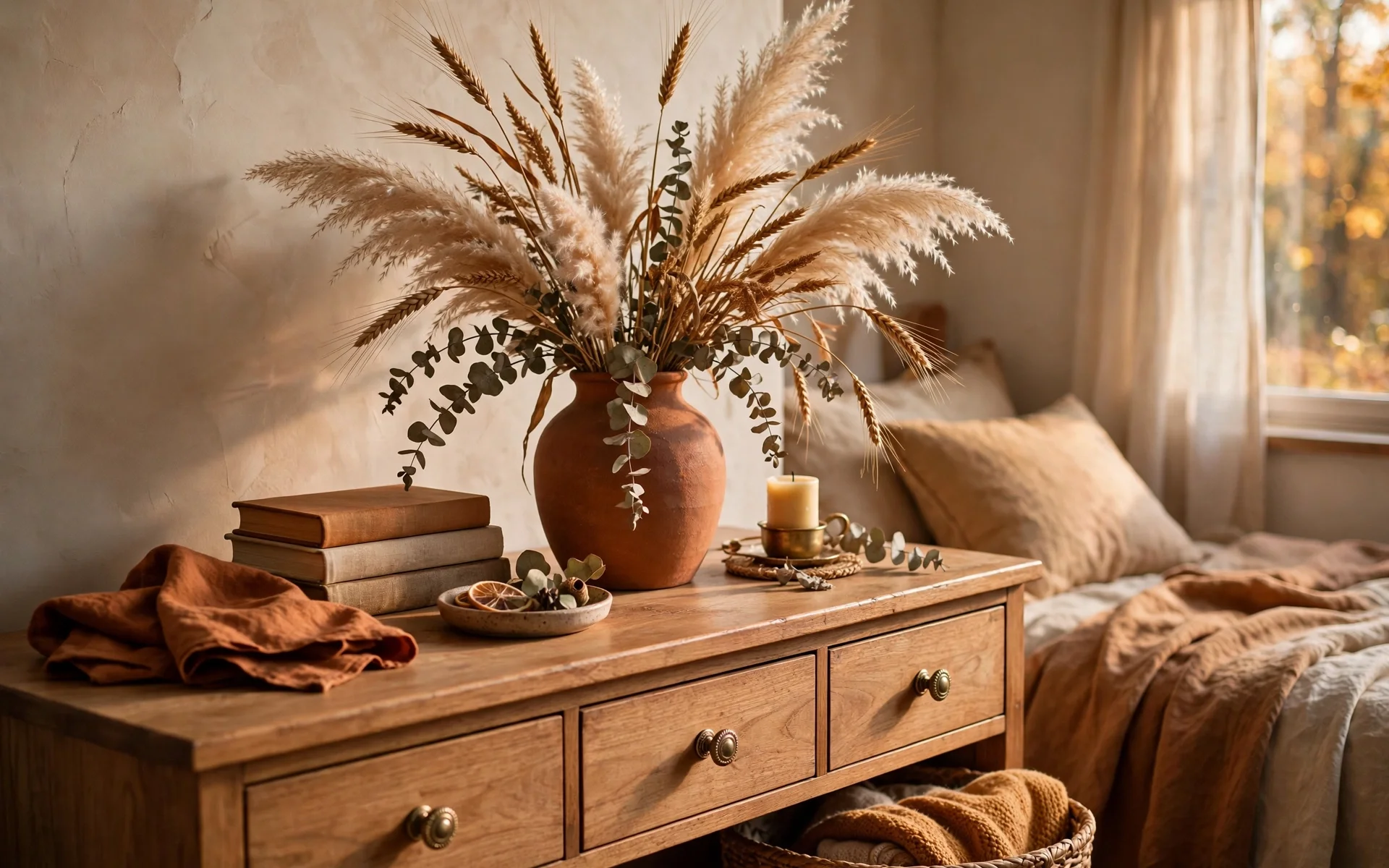Fall bedroom decor ideas featuring dried pampas grass and wheat arrangement