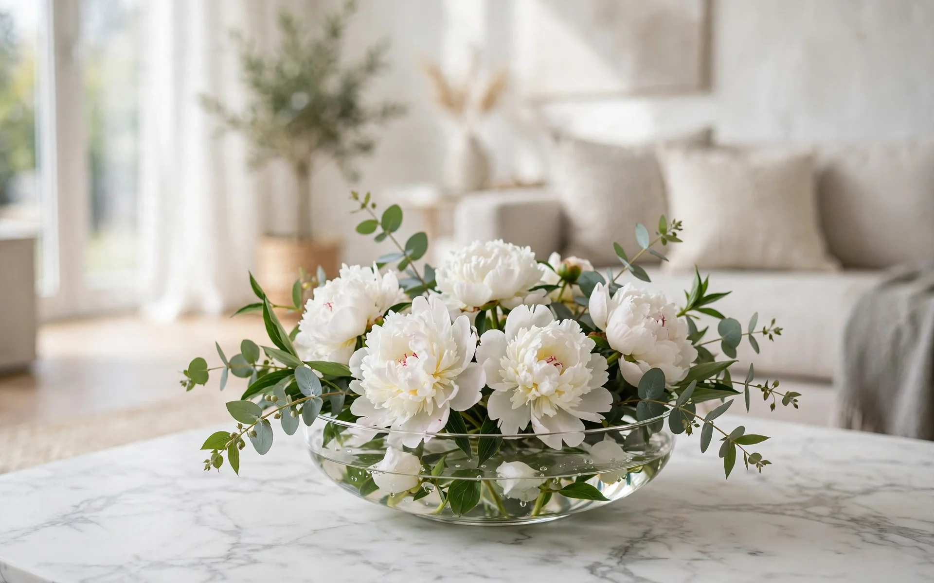 Marble coffee table ideas with fresh white flowers arranged in a low glass bowl