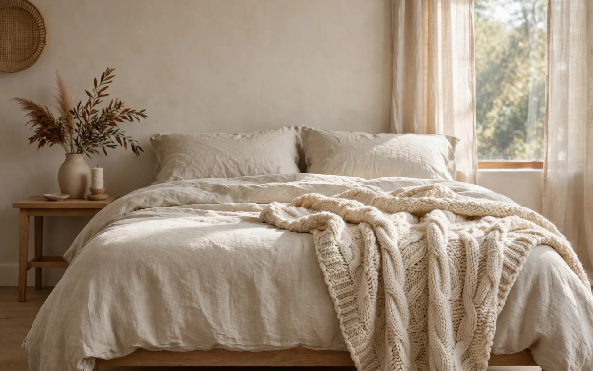 Warm minimalist bedroom ideas with a chunky cream knit throw draped over the bed