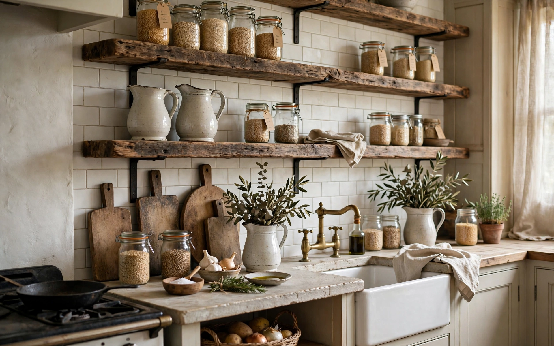 Open shelf kitchen ideas with reclaimed wood shelves, mason jars, and cutting boards