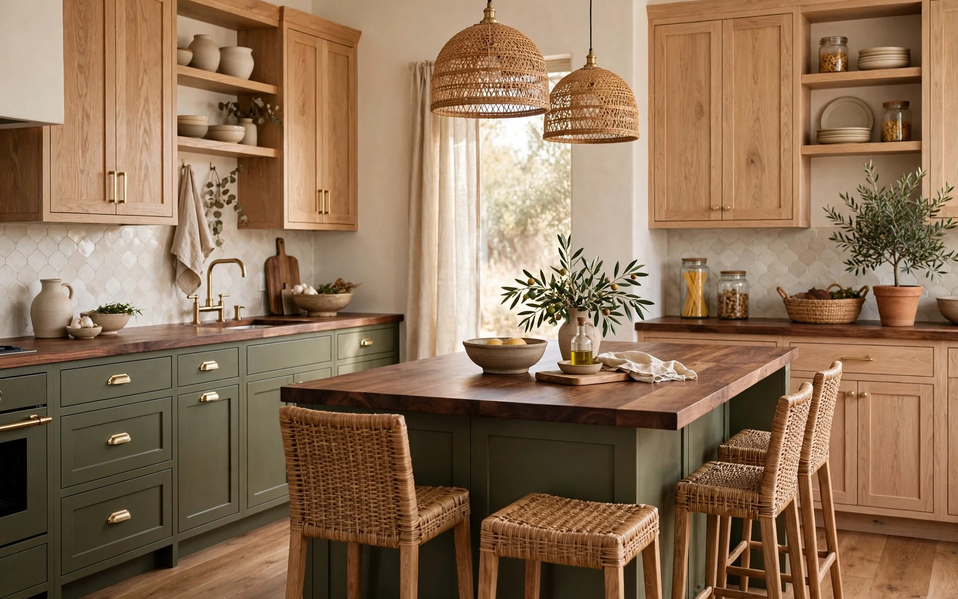 Olive green kitchen ideas pairing olive cabinets with white oak and walnut wood tones