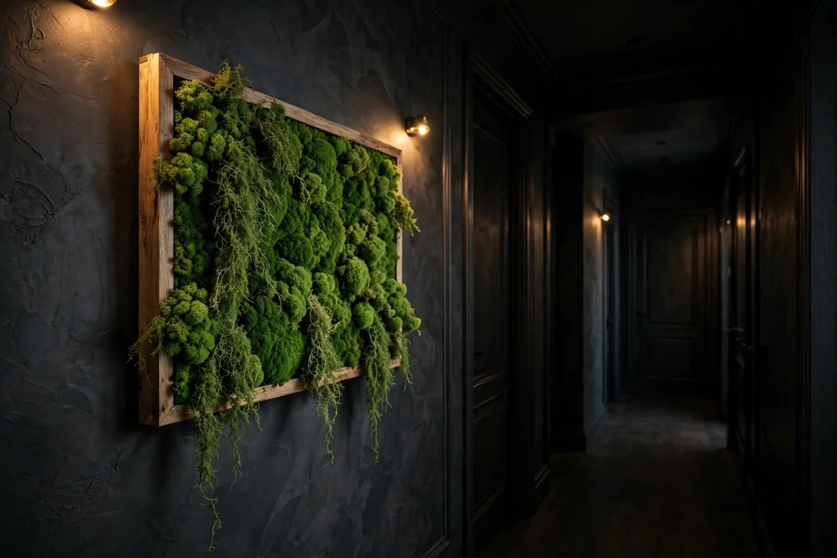Biophilic decor ideas — a framed preserved moss art panel adding greenery to a dark hallway