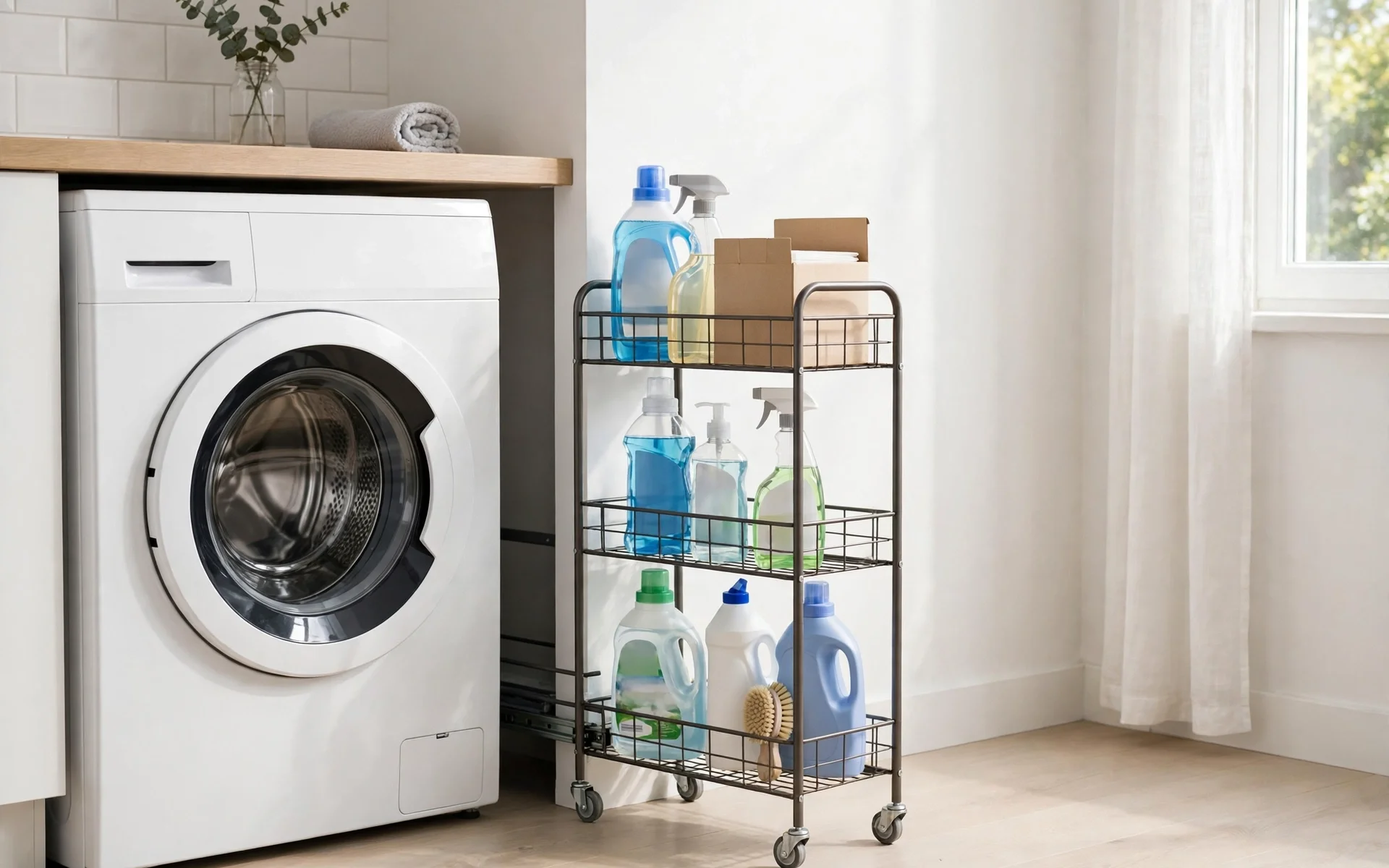 Slim rolling cart between washer and dryer filled with supplies, smart small laundry room ideas