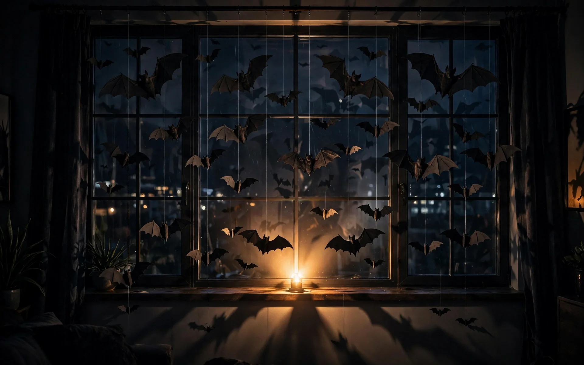 Halloween window decor ideas with a 3D paper bat swarm layered at different depths across the window panes