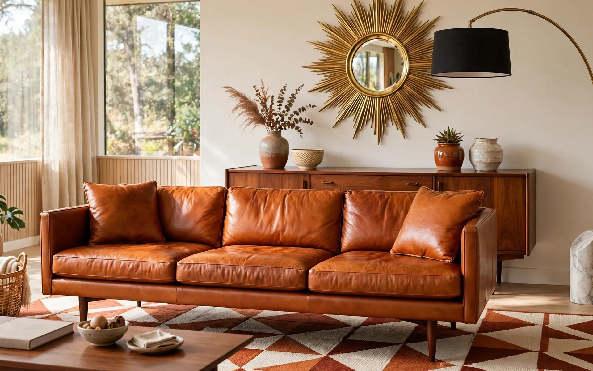 Cognac leather sofa ideas in a mid-century modern room with walnut credenza and geometric rug