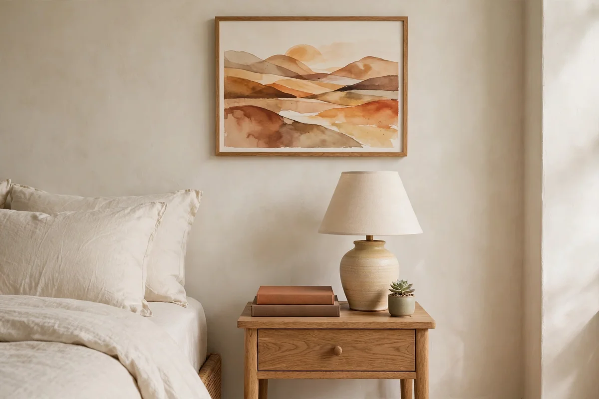Bedside table styling ideas with framed art hung on the wall above a styled nightstand
