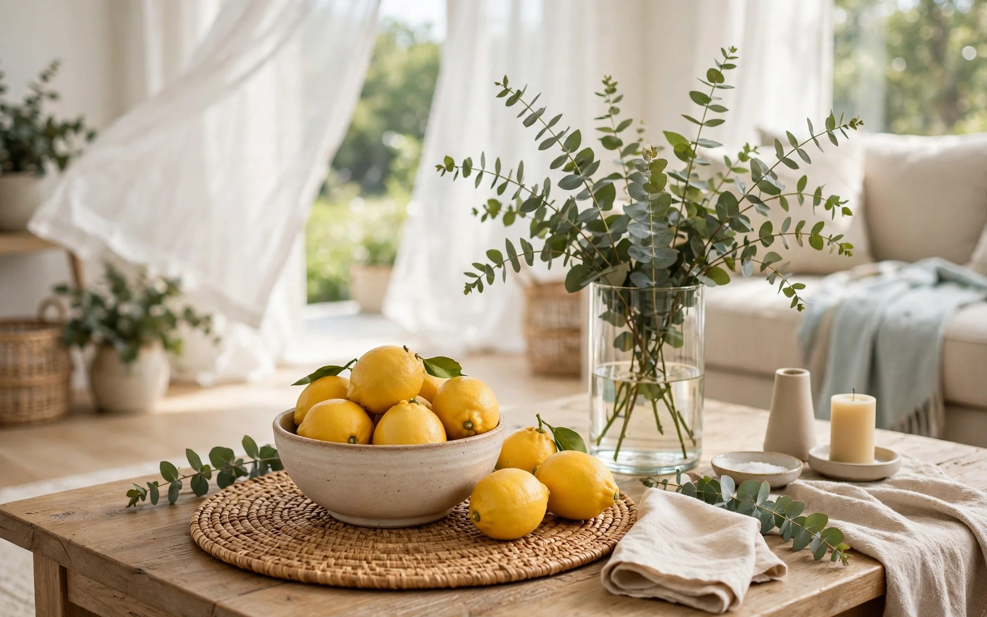 Summer coffee table styling ideas with a bowl of lemons, woven mat and eucalyptus in a glass vase