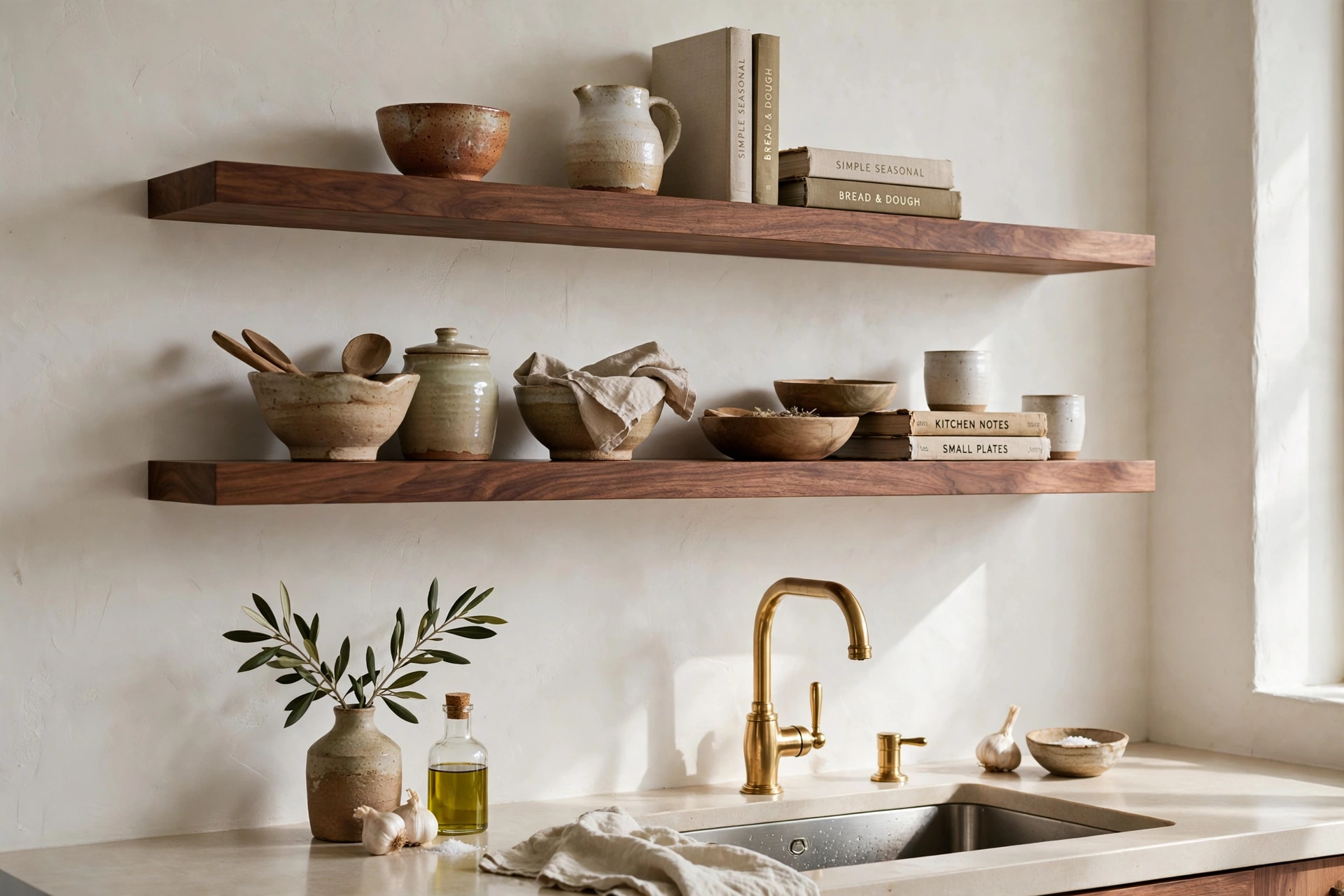 Walnut furniture ideas in the kitchen with floating walnut shelves