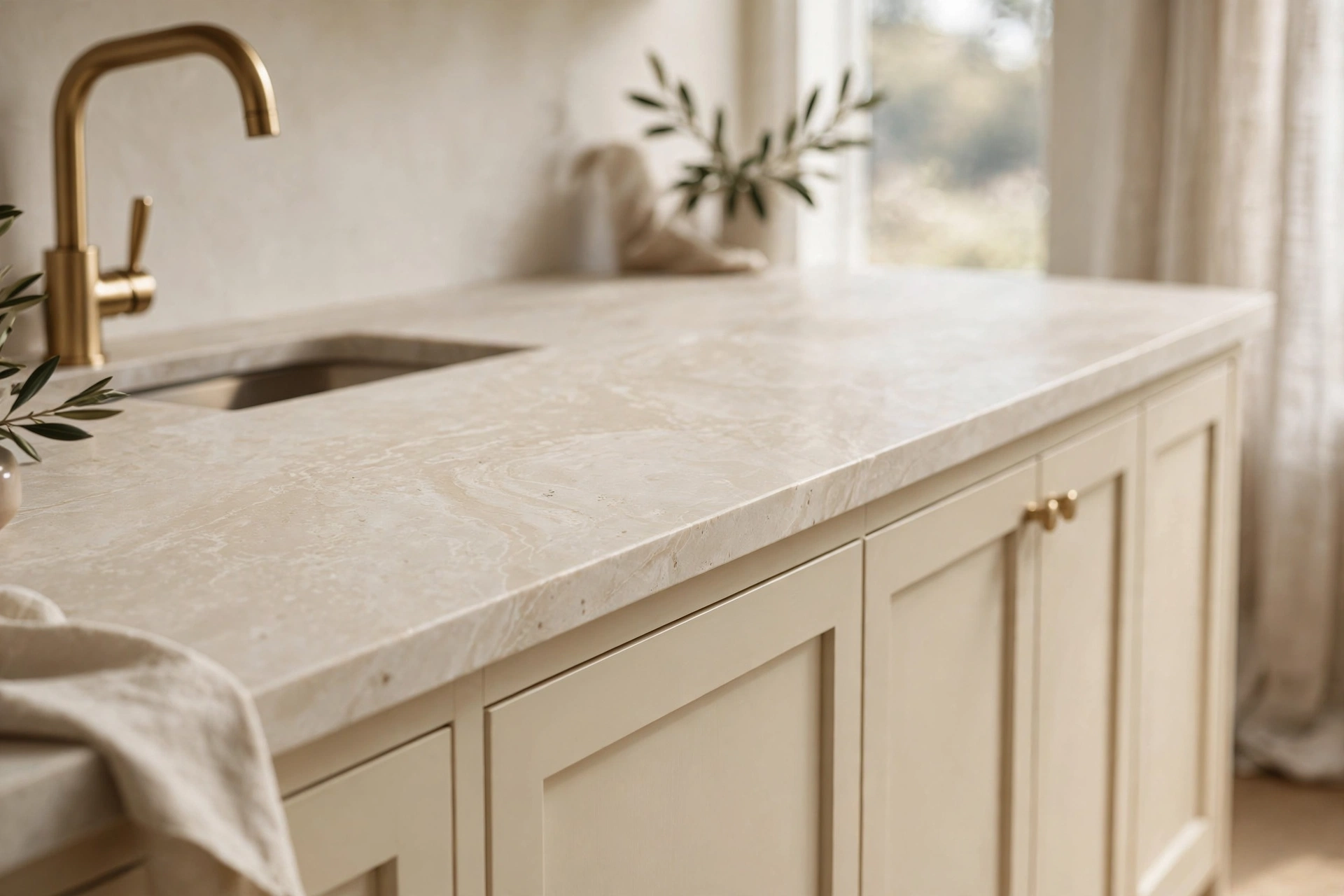 Cream kitchen ideas: honed marble countertop with soft veining over cream cabinetry