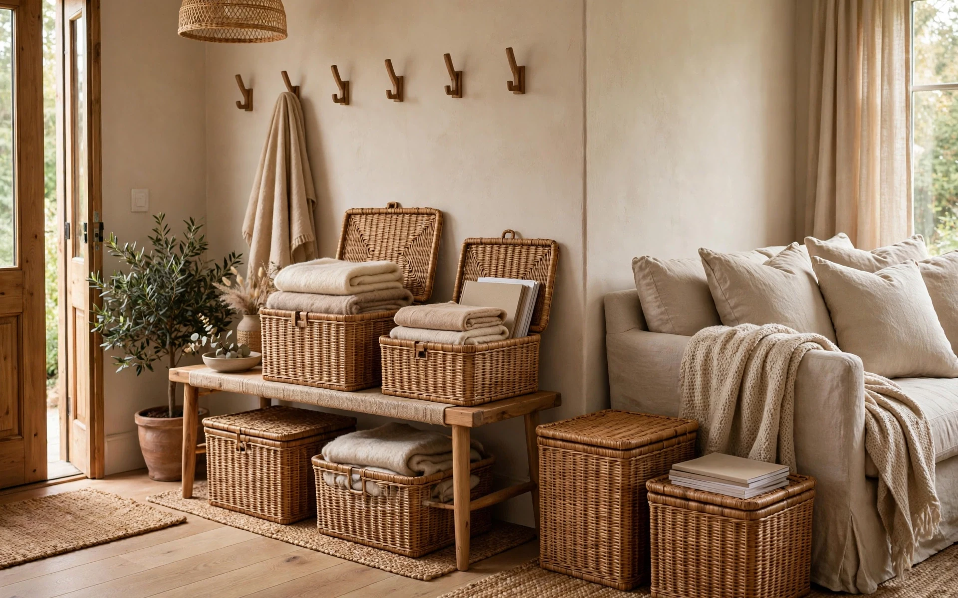 Rattan decor ideas using woven rattan storage baskets with lids for blankets and magazines