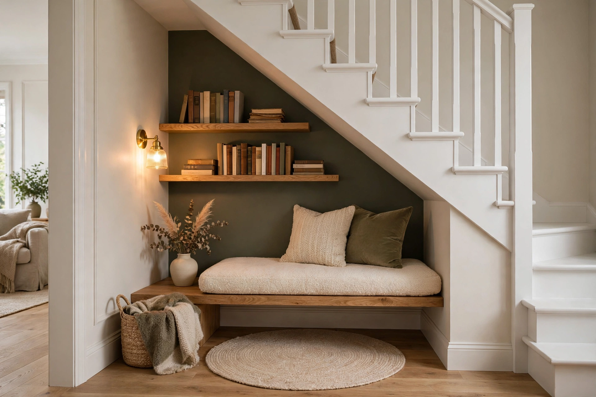 Reading nook ideas: cushioned bench under a staircase with a wall sconce and floating bookshelves