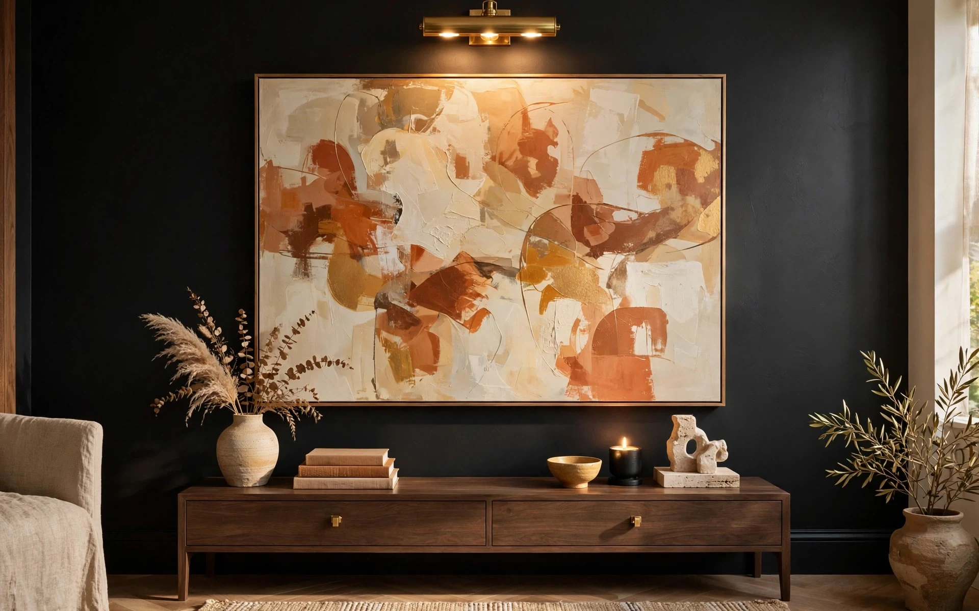 Black accent wall ideas styled with one oversized cream and rust abstract painting