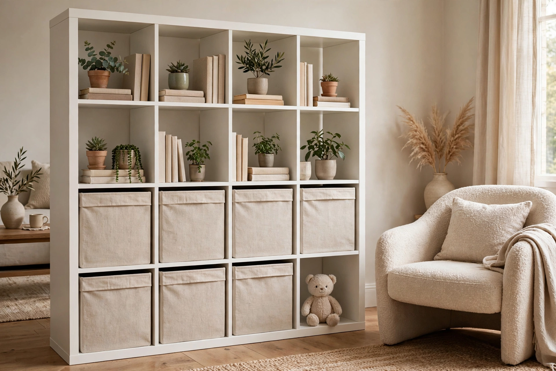 Toy storage ideas living room: cube shelving with matching linen storage bins