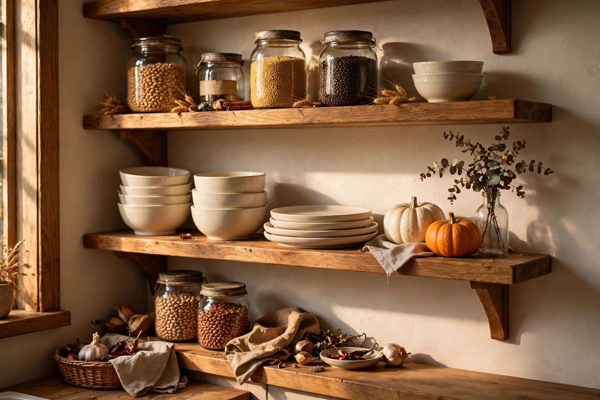 Fall kitchen decor ideas with open shelves styled in harvest ceramics and mini pumpkins