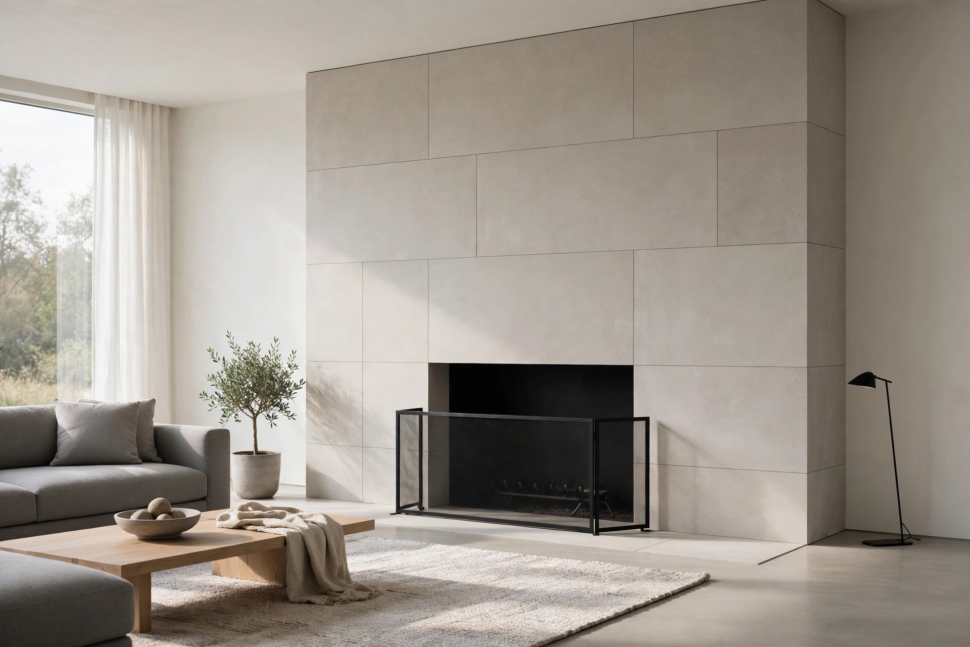 Stone fireplace ideas with a modern honed limestone surround in smooth matte rectangles