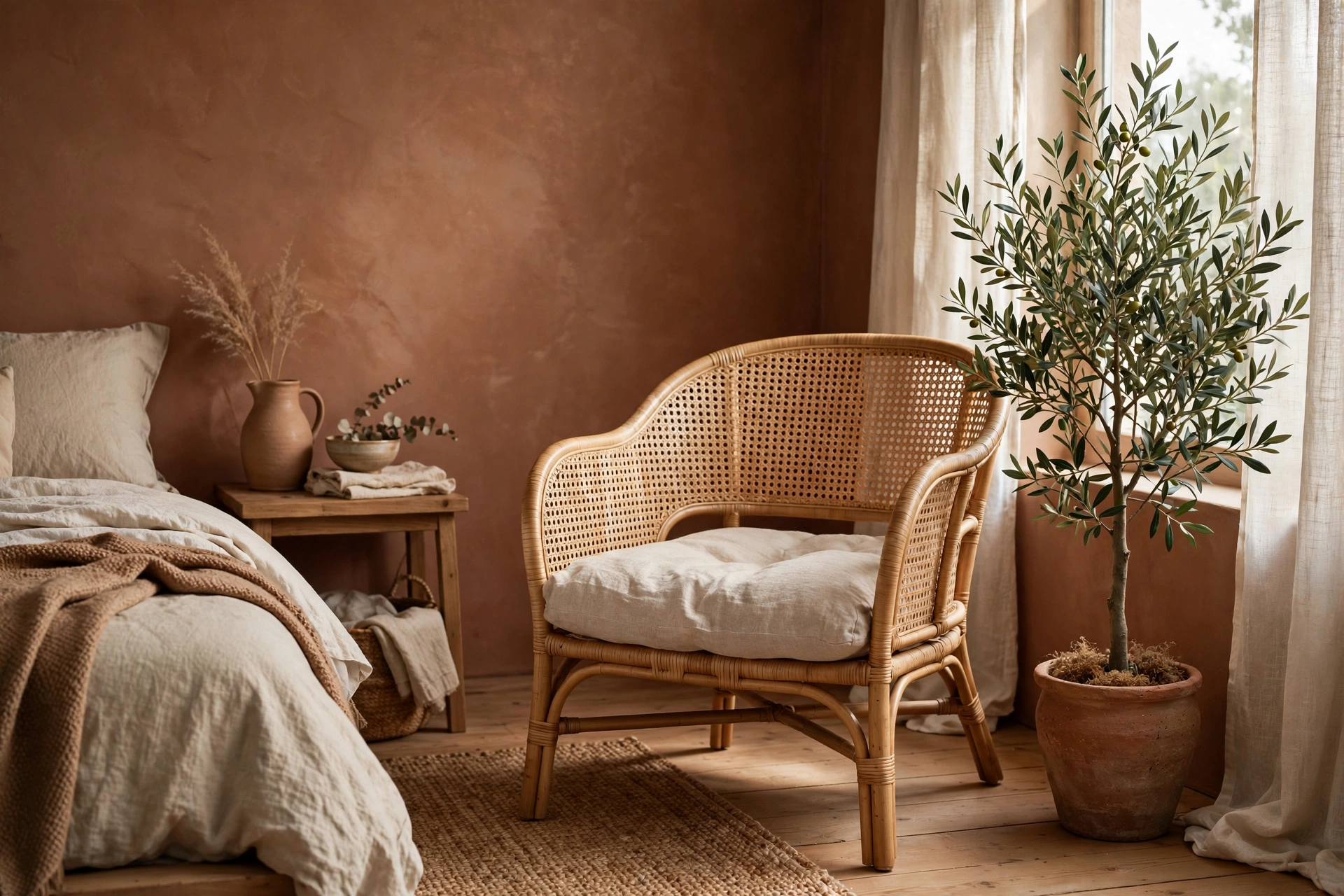 Earthy bedroom ideas: rattan cane accent chair in a bedroom corner beside a plant