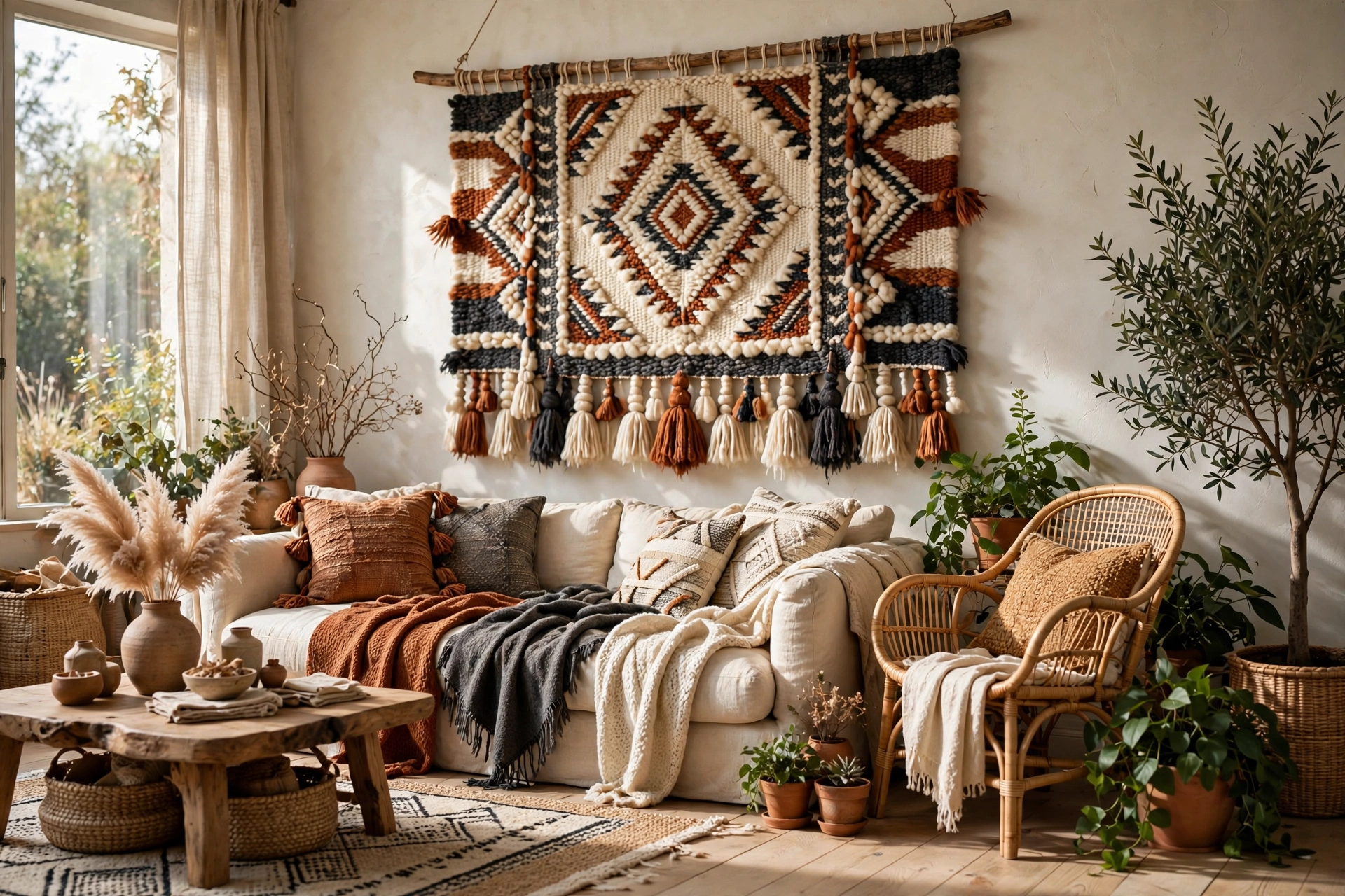 Handwoven wool textile wall hanging above a sofa — oversized wall art ideas with natural texture