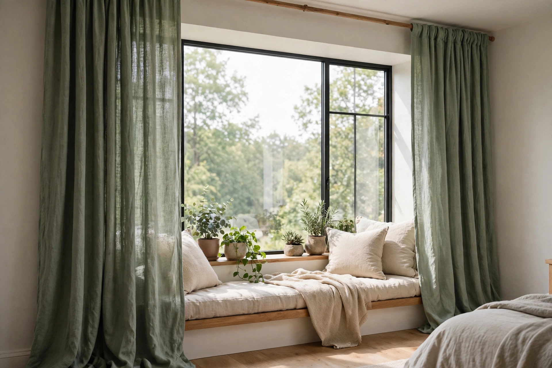 Sage green bedroom ideas with sage linen curtains framing a bright window