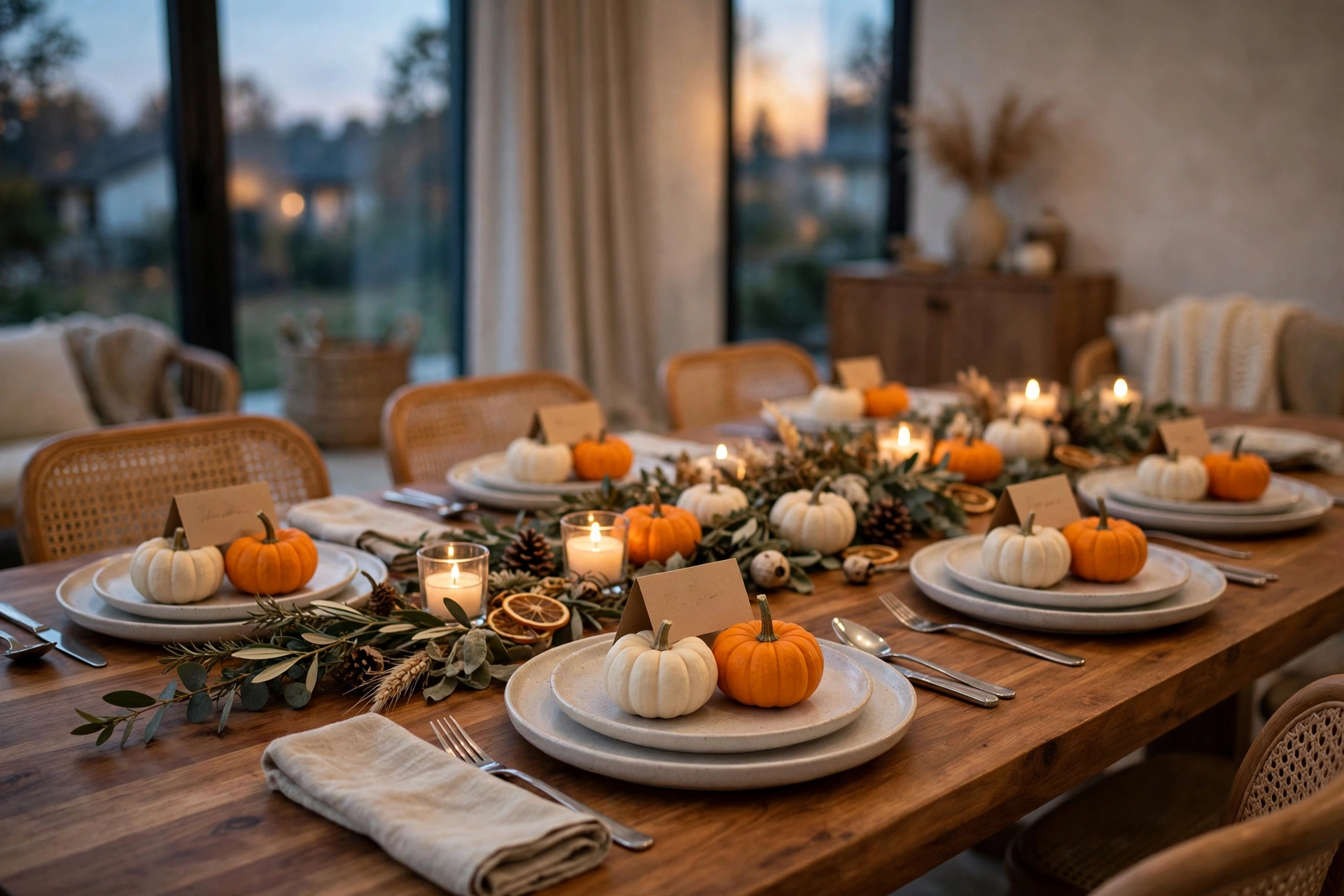 Charming thanksgiving table decor ideas with mini pumpkin place cards at each setting